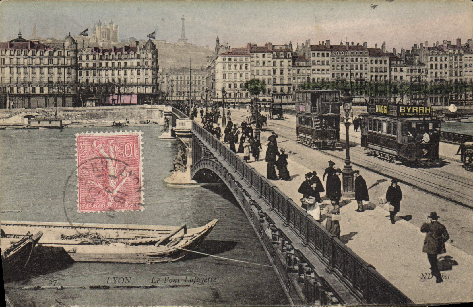 Tranvía de Lyon de la POSTAL de la VENDIMIA el barco de la lancha a remolque de Lafayette Byrrh del puente