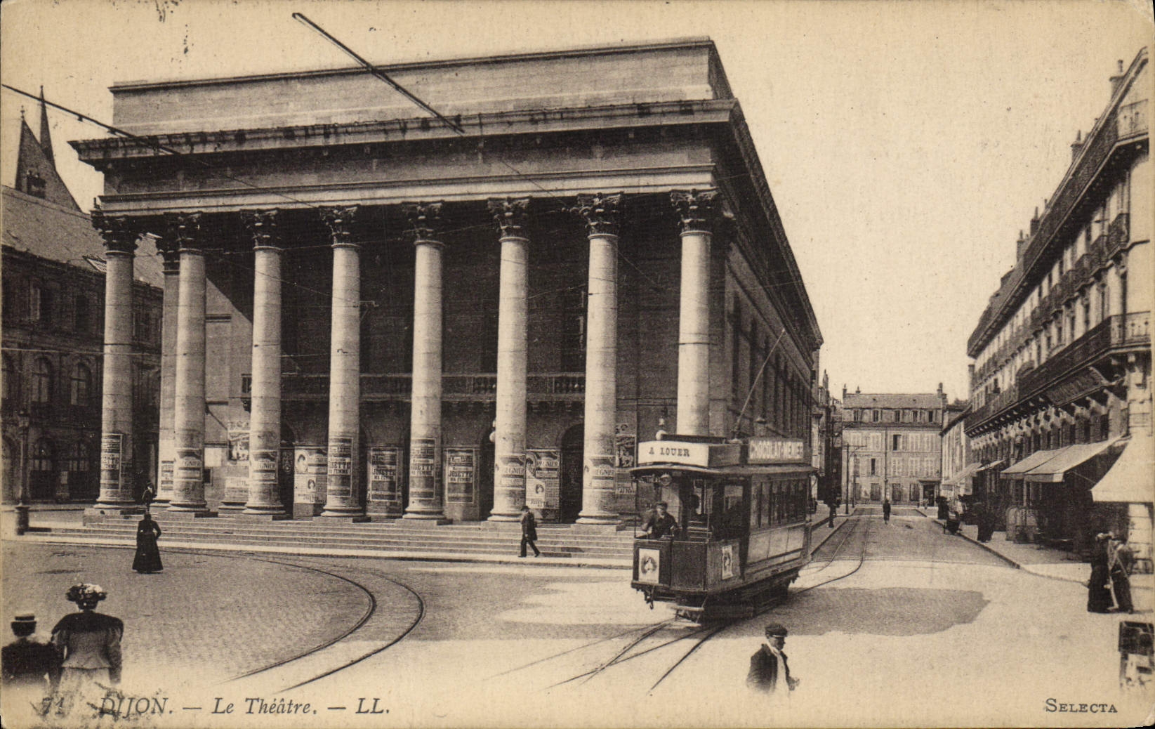 Tranvía de Dijon de la POSTAL de la VENDIMIA el teatro