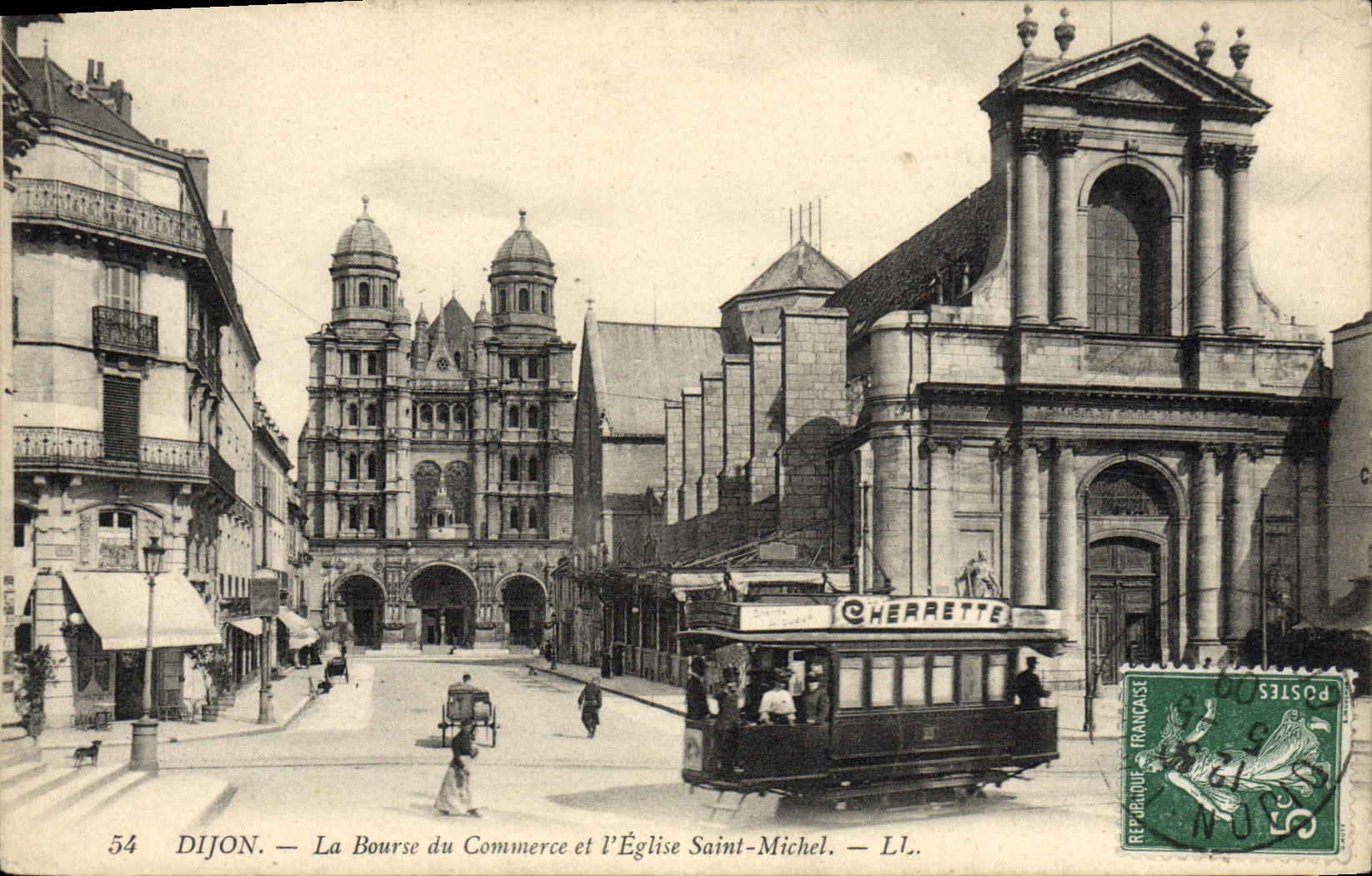 CPA Tramway Dijon La Bourse du Commerce et l'eglise Saint Michel Cherrette