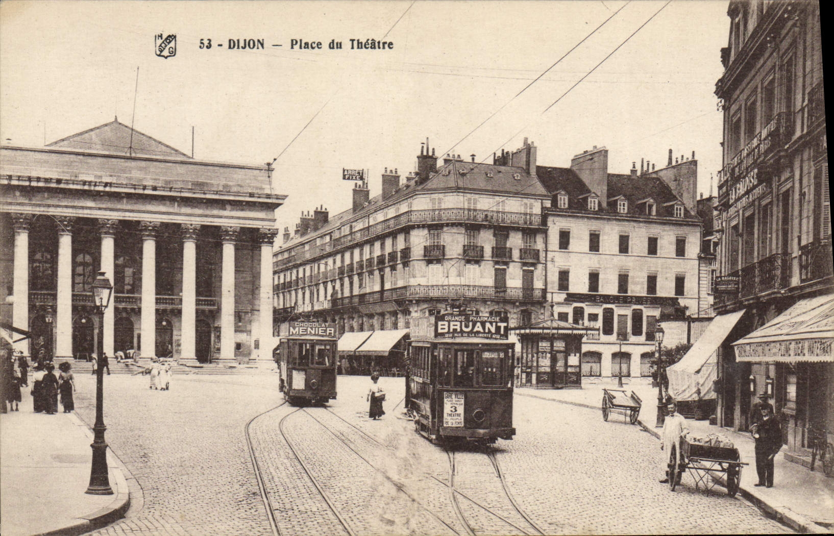 VINTAGE POSTCARD Tramway Dijon Places Theater Bunting