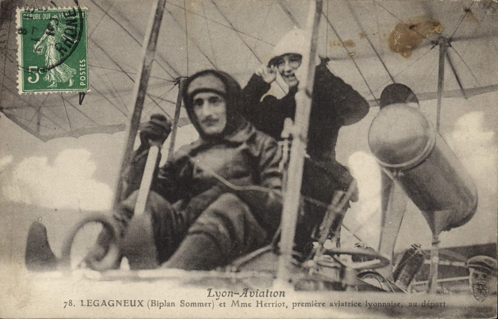 CPA Avion Aviation Lyon Aviation Legagneux Biplan Sommer et Mme Herriot premier aviatrice lyonnaise au depart