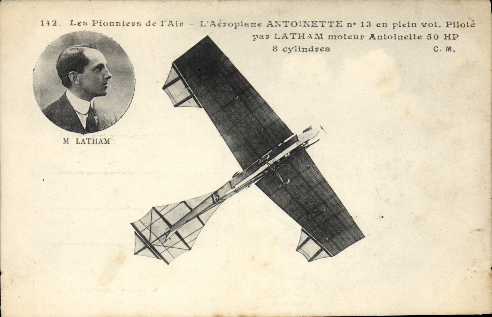 VINTAGE POSTCARD Plane Aviation Pioneers of the air Atnoinette Airplane in full flight Latham
