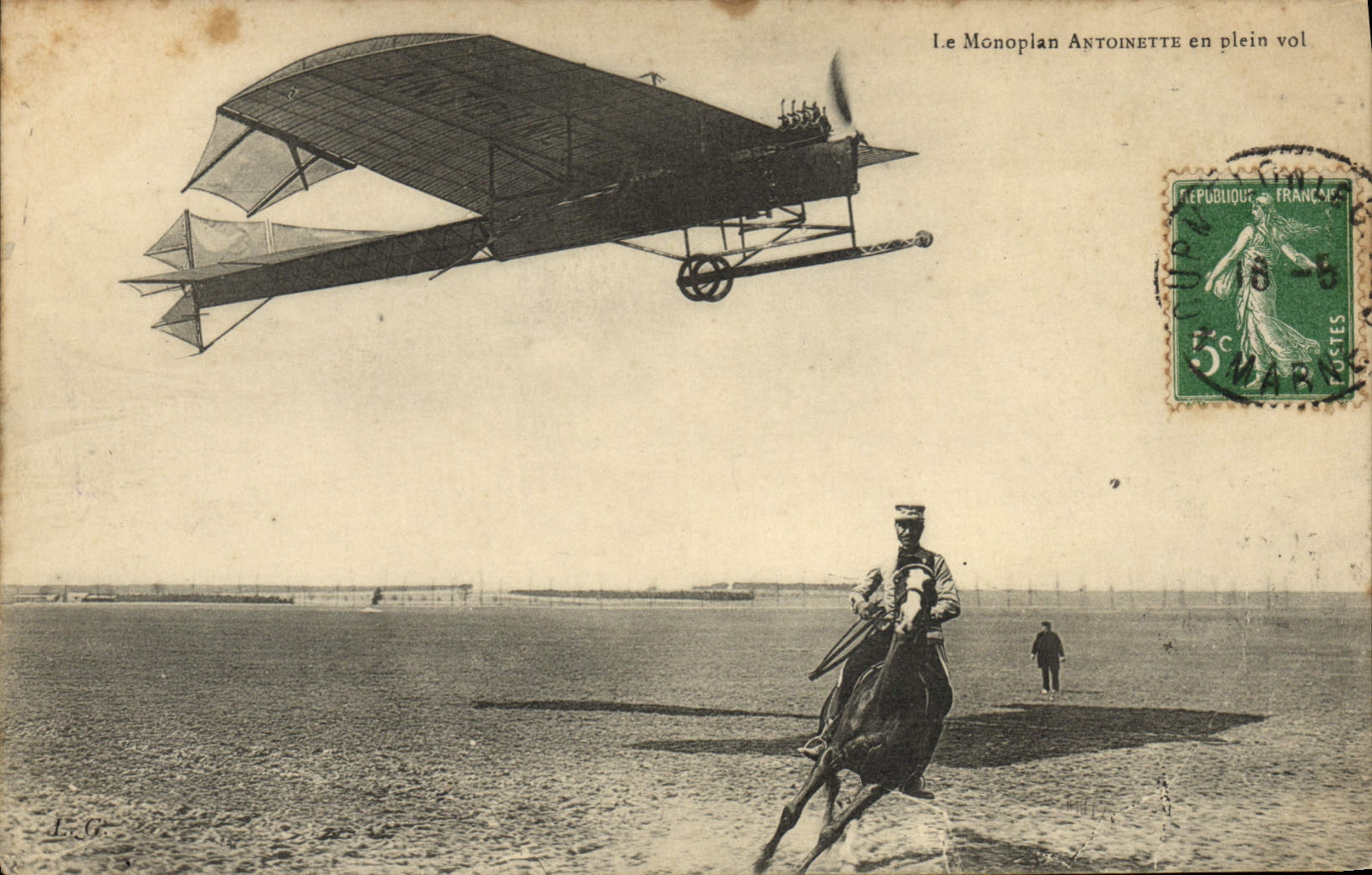 VINTAGE POSTCARD Plane Aviation the monoplane Antoinette in full flight Horse