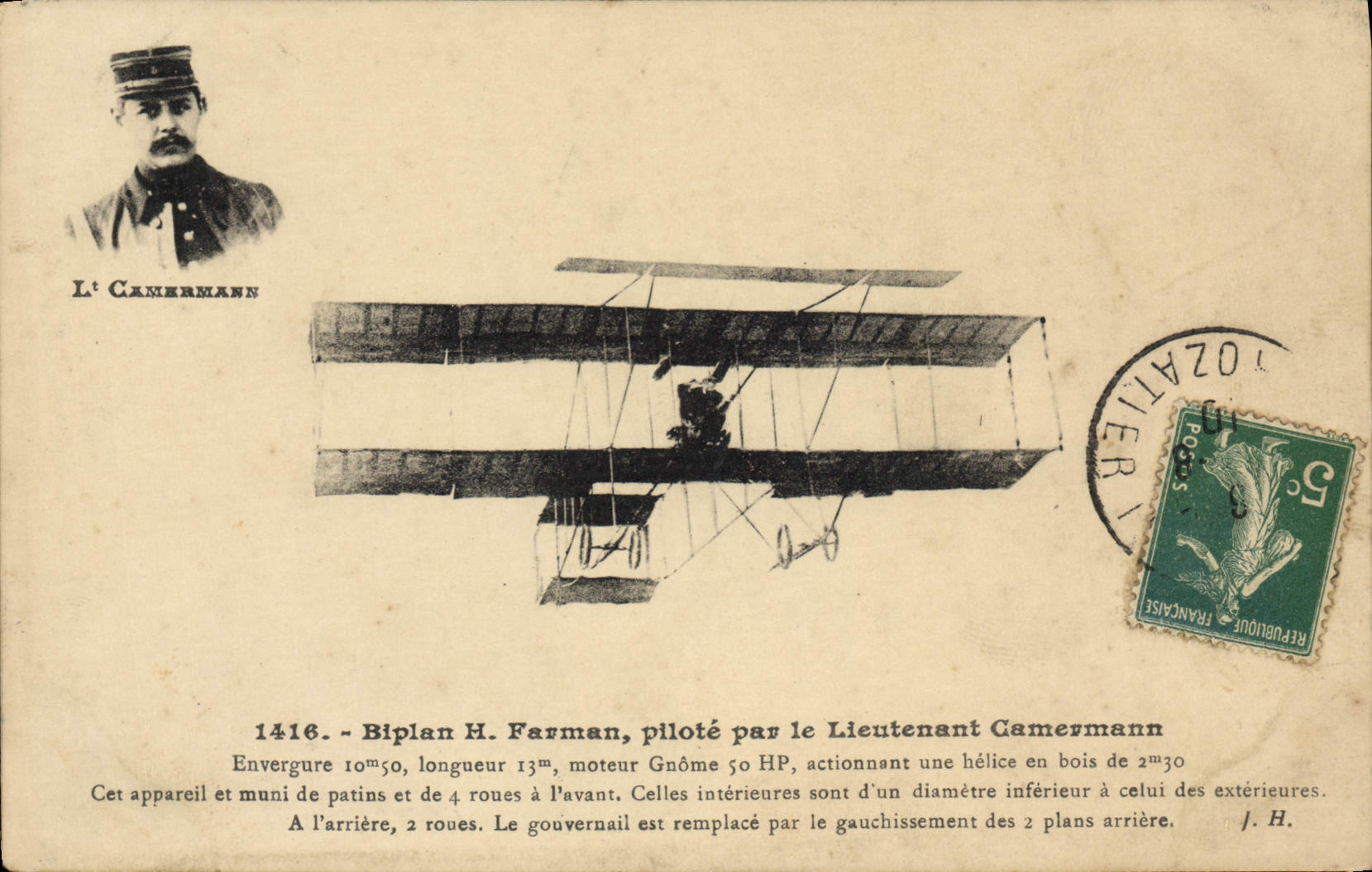 VINTAGE POSTCARD Avion Aviation Biplane H Farman controls by lieutenant Camermann