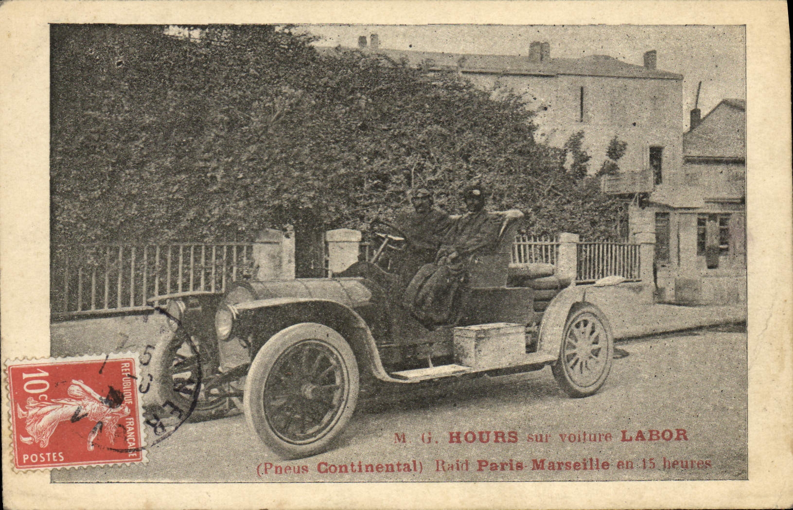 CPA Automobile Hours sur voiture Labor Pneus Continental Raid Paris Marseille