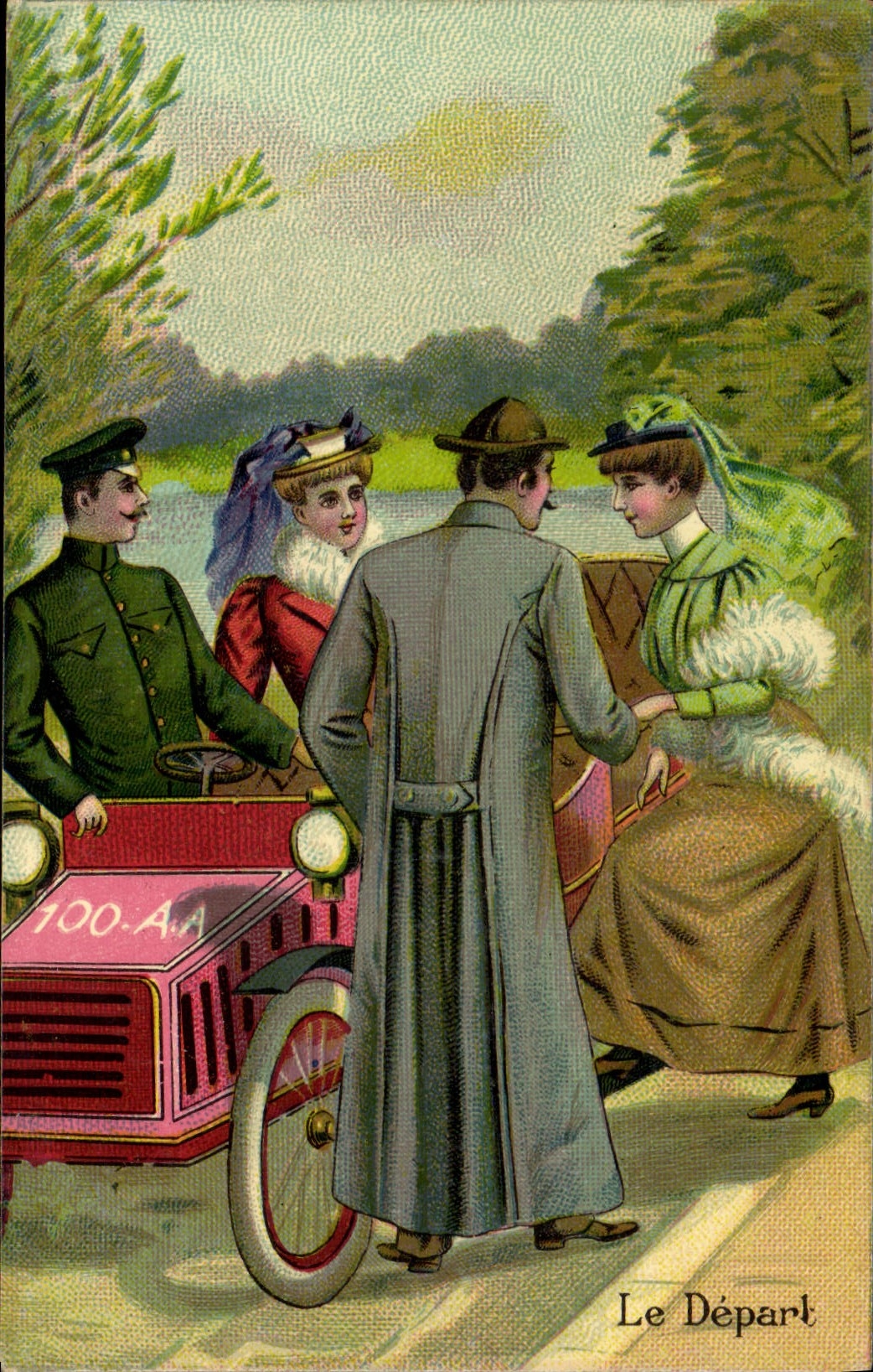 VINTAGE POSTCARD Automobile Fantasy the departure Woman