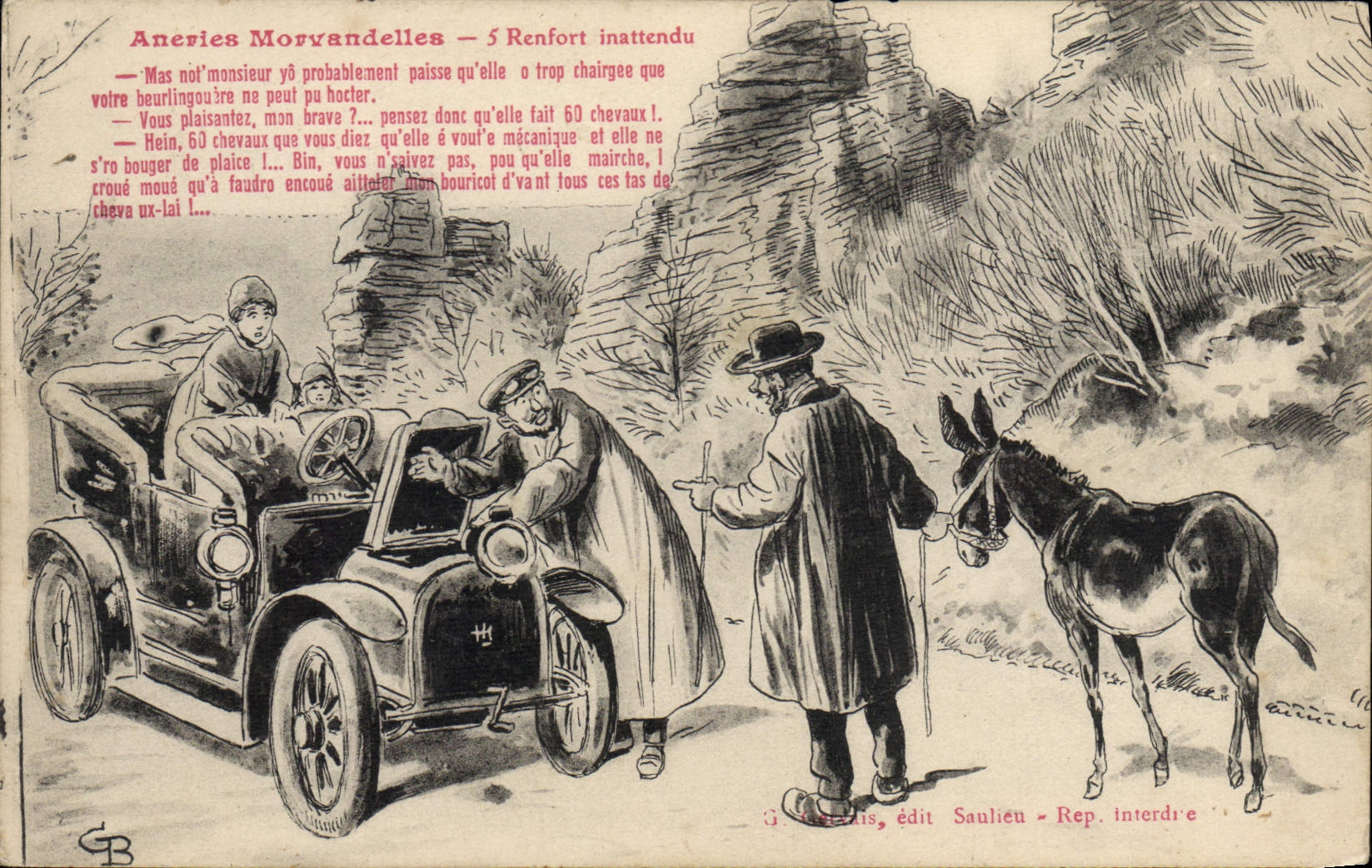 Mula inesperada del asno del refuerzo de las cosas estúpidas de los morvandelles del automóvil de la POSTAL de la VENDIMIA