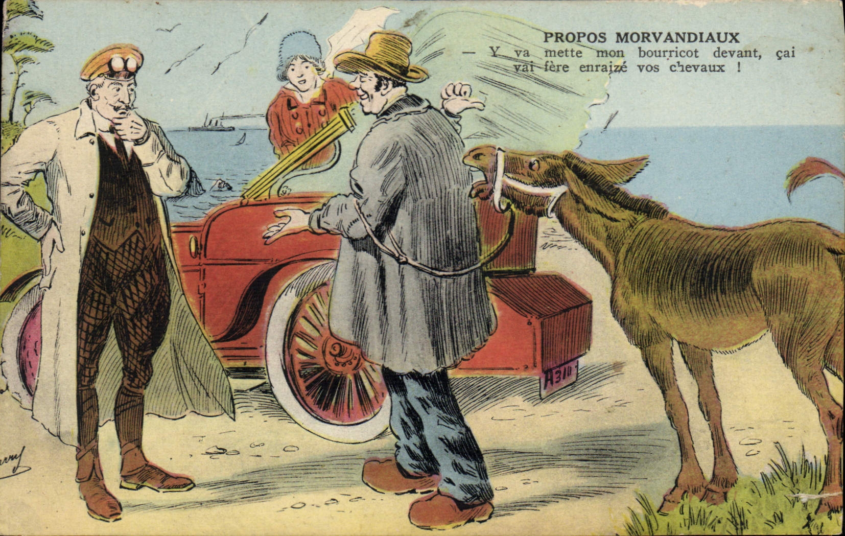 CPA Fantaisie Automobile Ane Mule Propos morvandiaux 