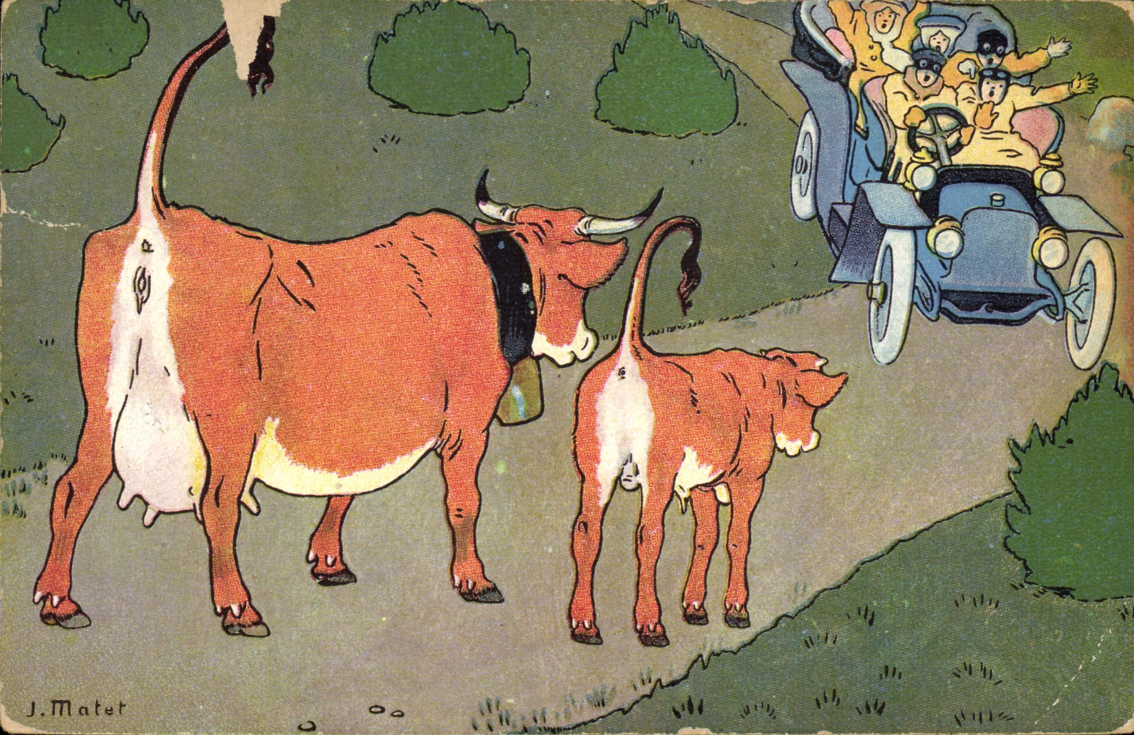 VINTAGE POSTCARD Automobile Fantasy Cows