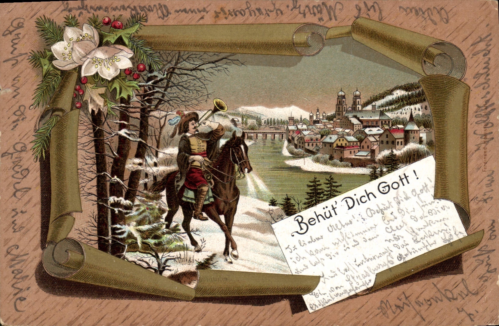 Caballo de montar a caballo del Gott de Dehut Dich del ilustrador de la POSTAL de la VENDIMIA