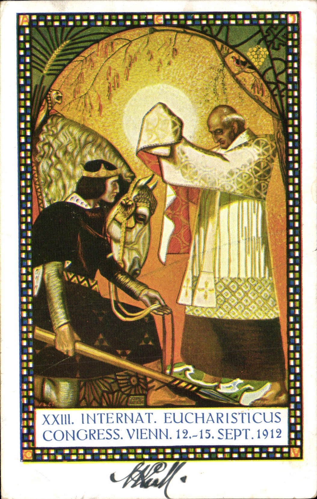 Caballo del caballero de Eucharistischer Kongress Wien 1912 del ilustrador de la POSTAL de la VENDIMIA