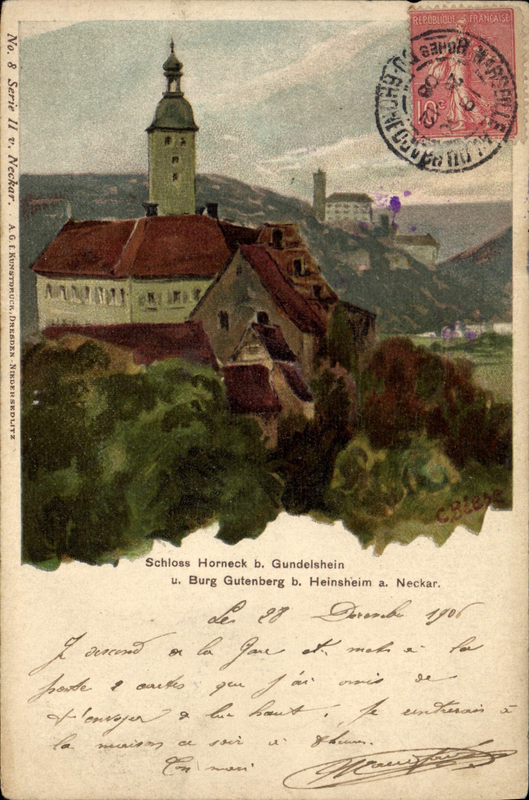 Burg Gutenberg de Schloss Horneck B Gundelsheim del ilustrador de la POSTAL de la VENDIMIA