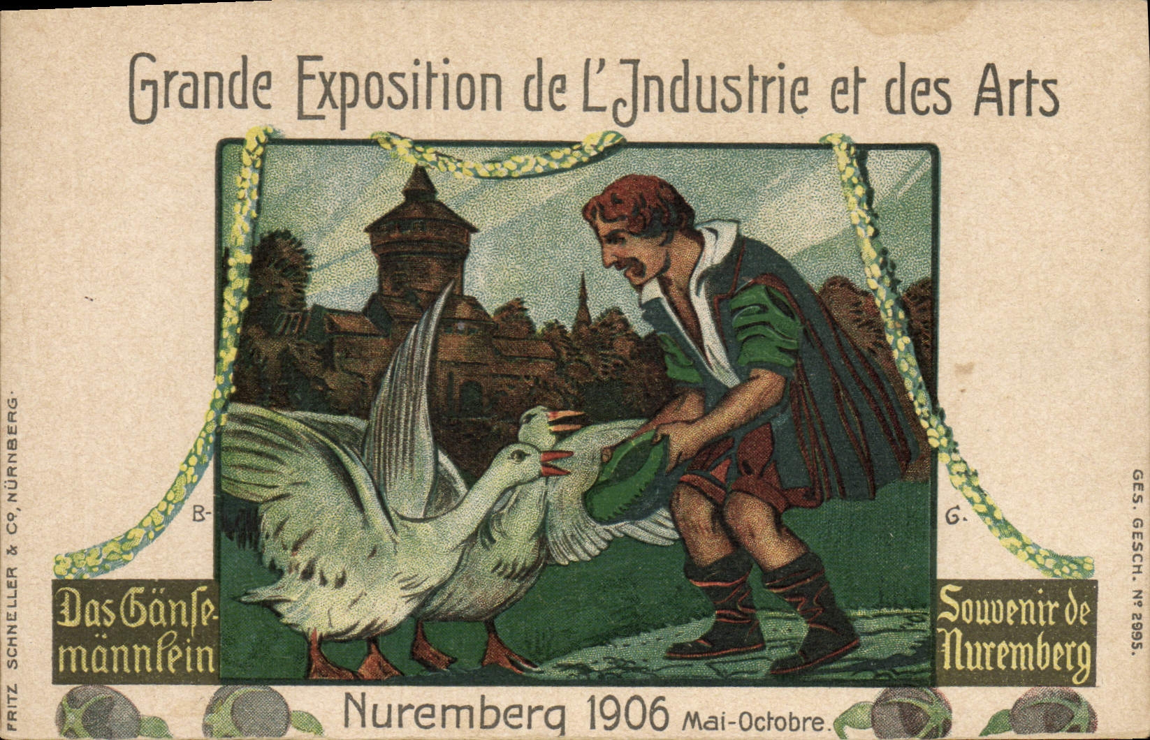 VINTAGE POSTCARD Illustrator Great exposure of industry and Nuremberg arts 1906 Geese