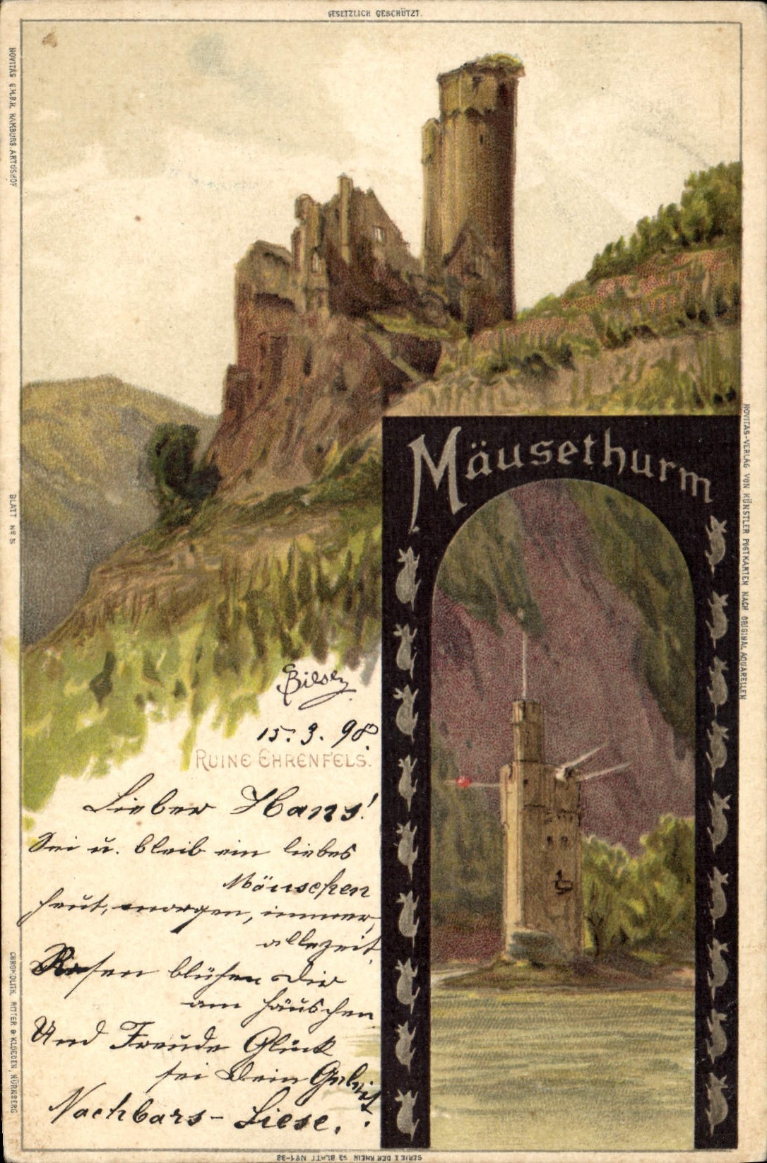 VINTAGE POSTCARD Illustrateur Ruins Ehrenfels Mausethrum