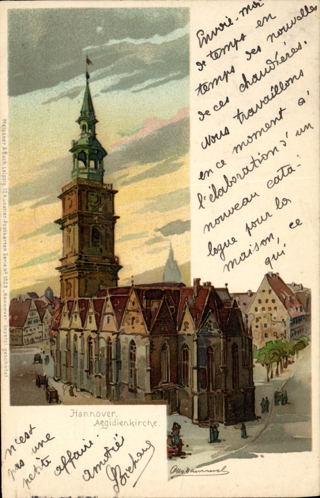 VINTAGE POSTCARD Illustrator Hannover Aegidienkirche