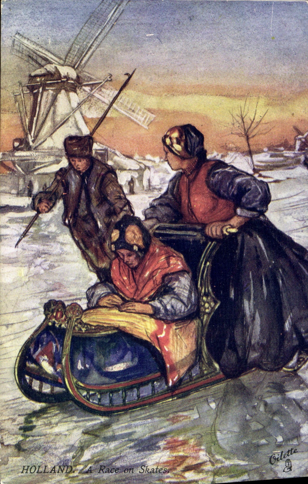 VINTAGE POSTCARD Illustrateur Holland has race one skates Windmill Sledge