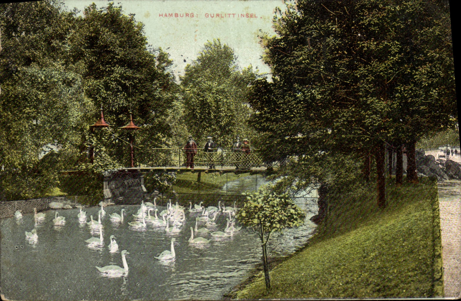 VINTAGE POSTCARD Hamburg Gurlittinsel Swans