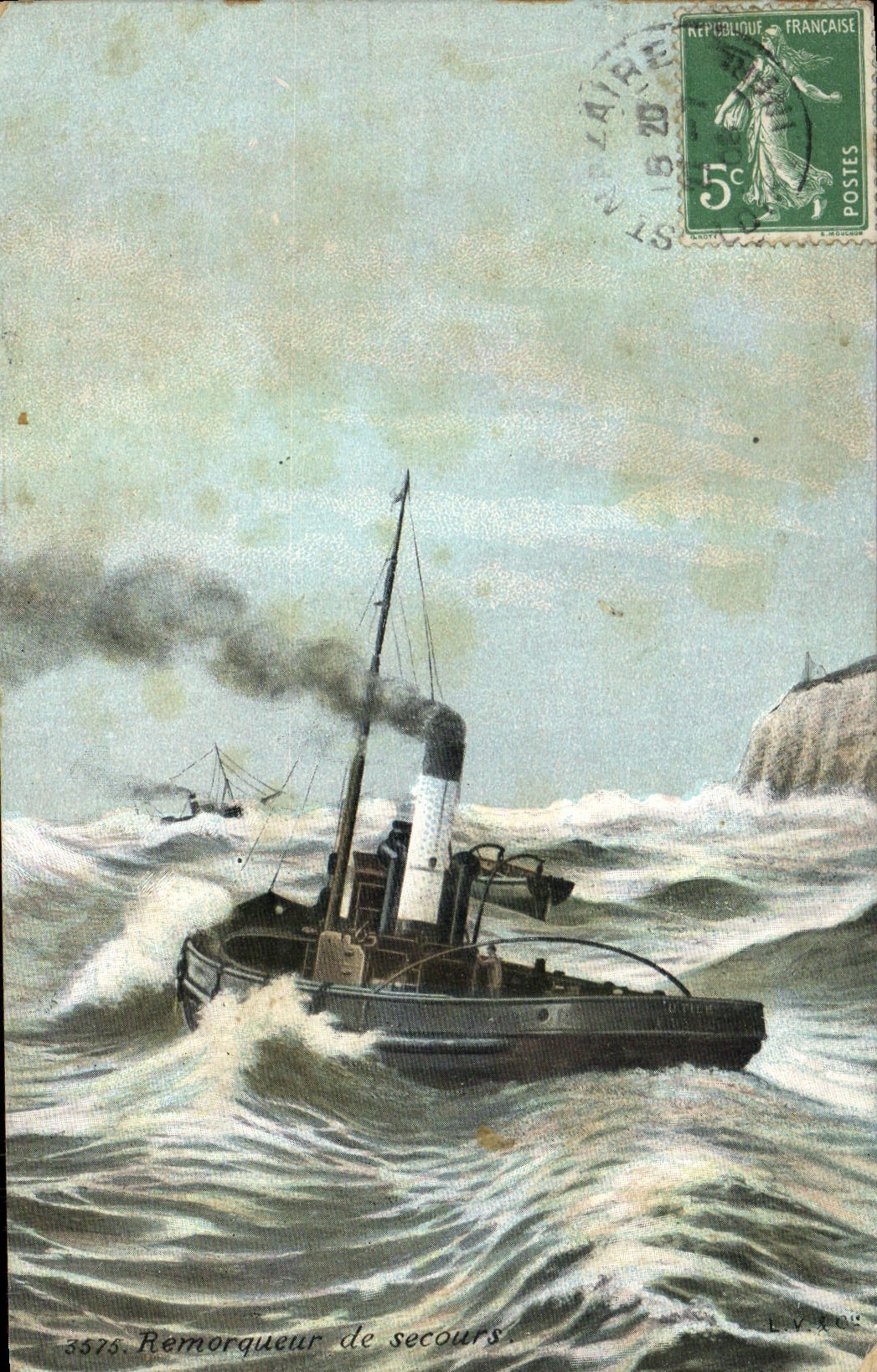 VINTAGE POSTCARD Tow boat of help