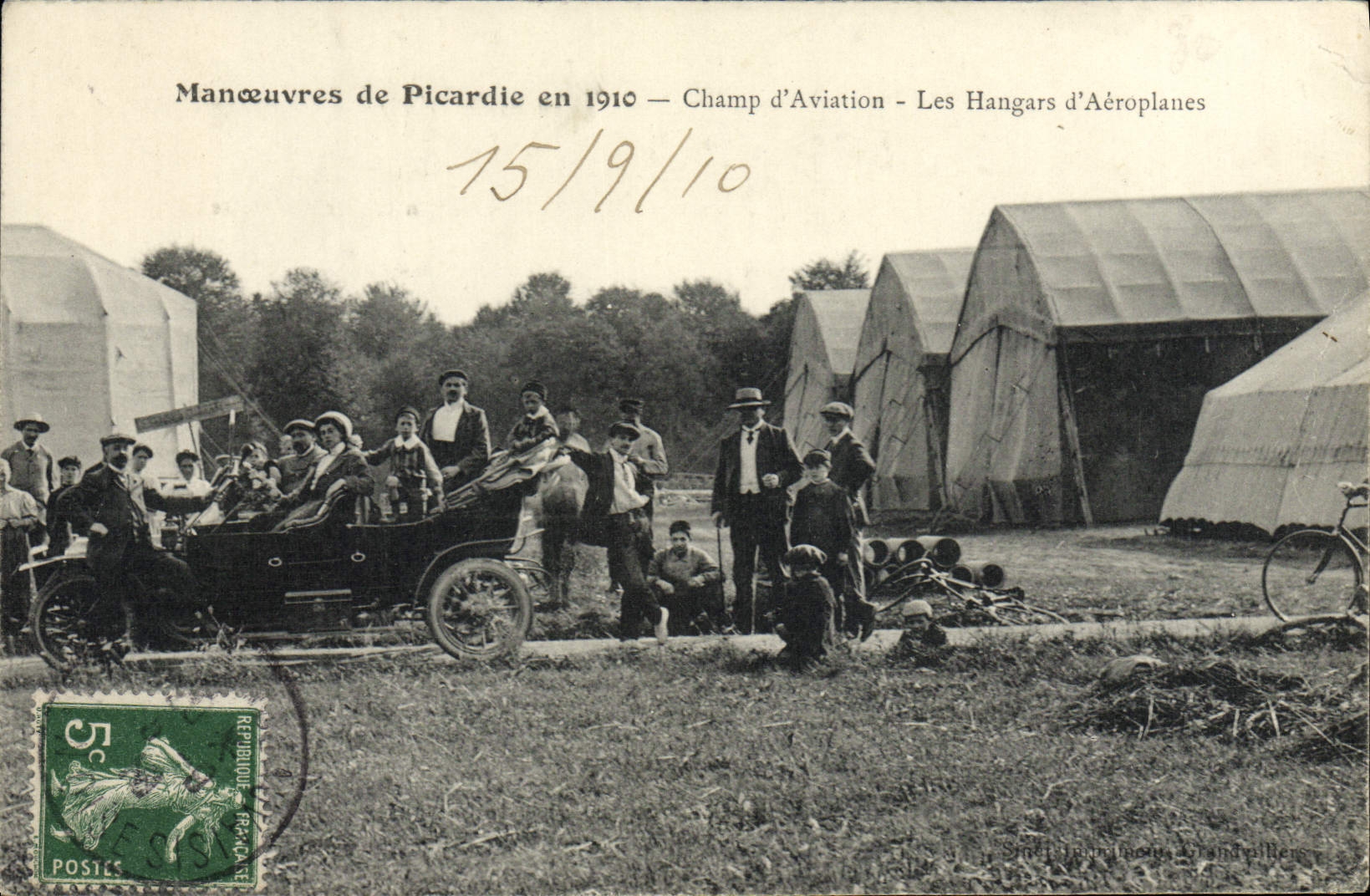 VINTAGE POSTCARD Plane Aviation Operations of Picardy in 1910 Airfield hangars of airplanes Car
