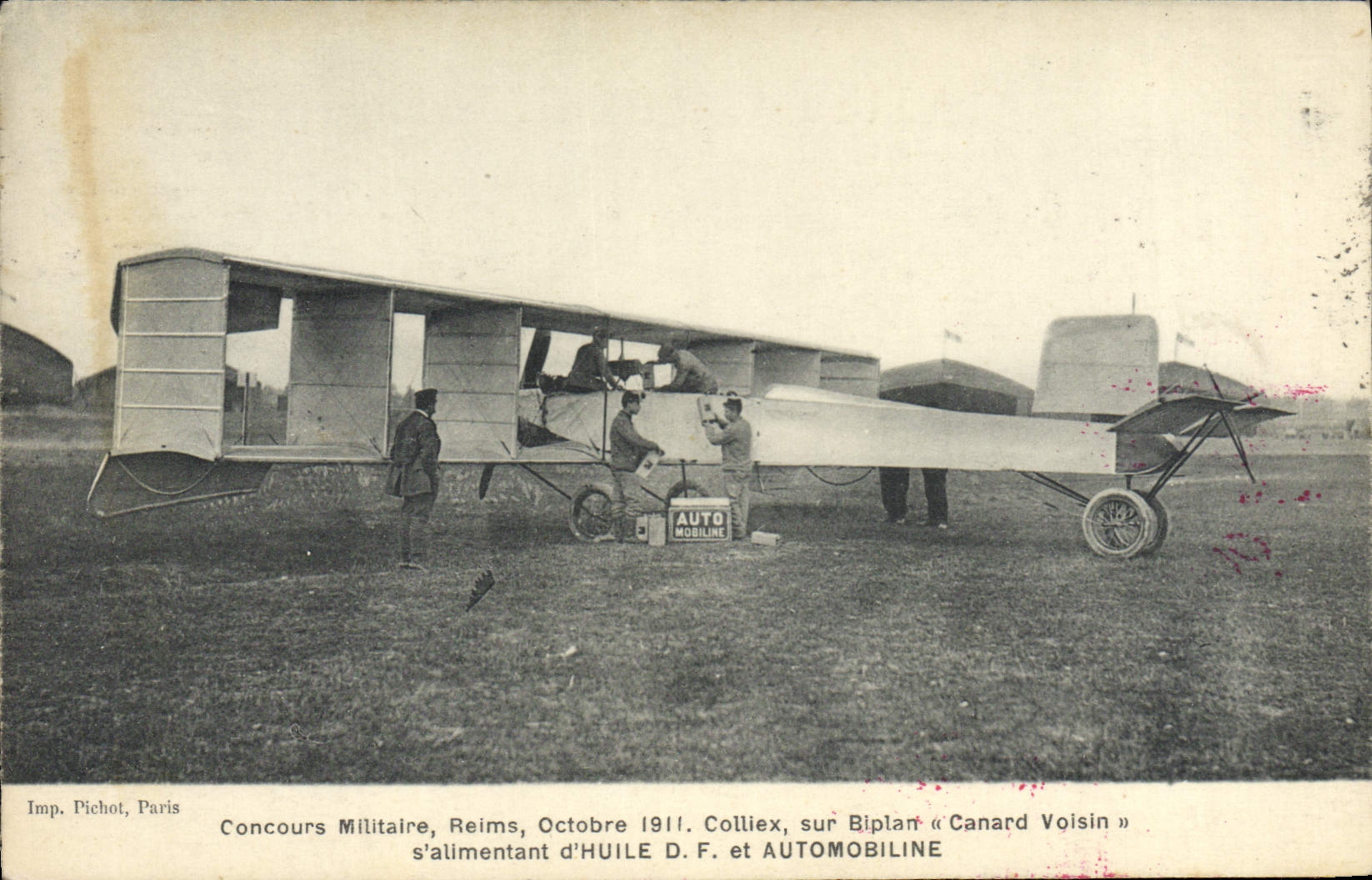 CPA Avion Aviation Concours militaire Reims Octobre 1911 Colliex sur biplan Canard Voisin Huile Automobiline