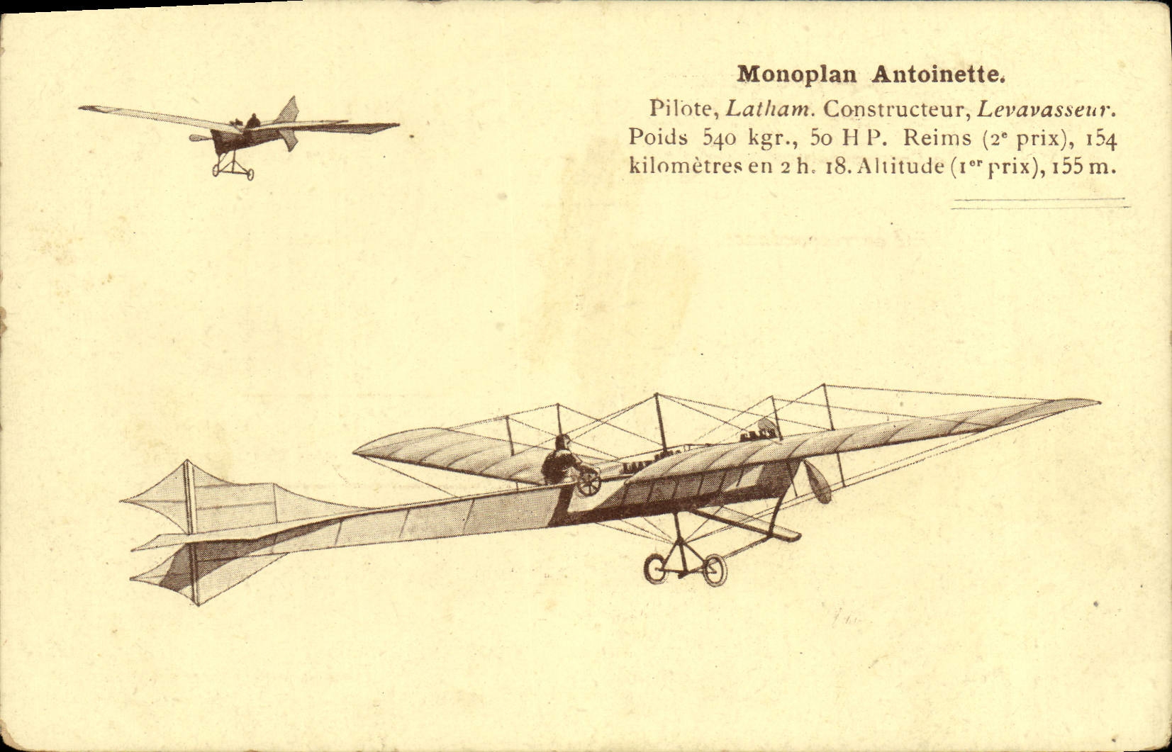 VINTAGE POSTCARD Plane Aviation Monoplane Antoinette Latham Levavasseur