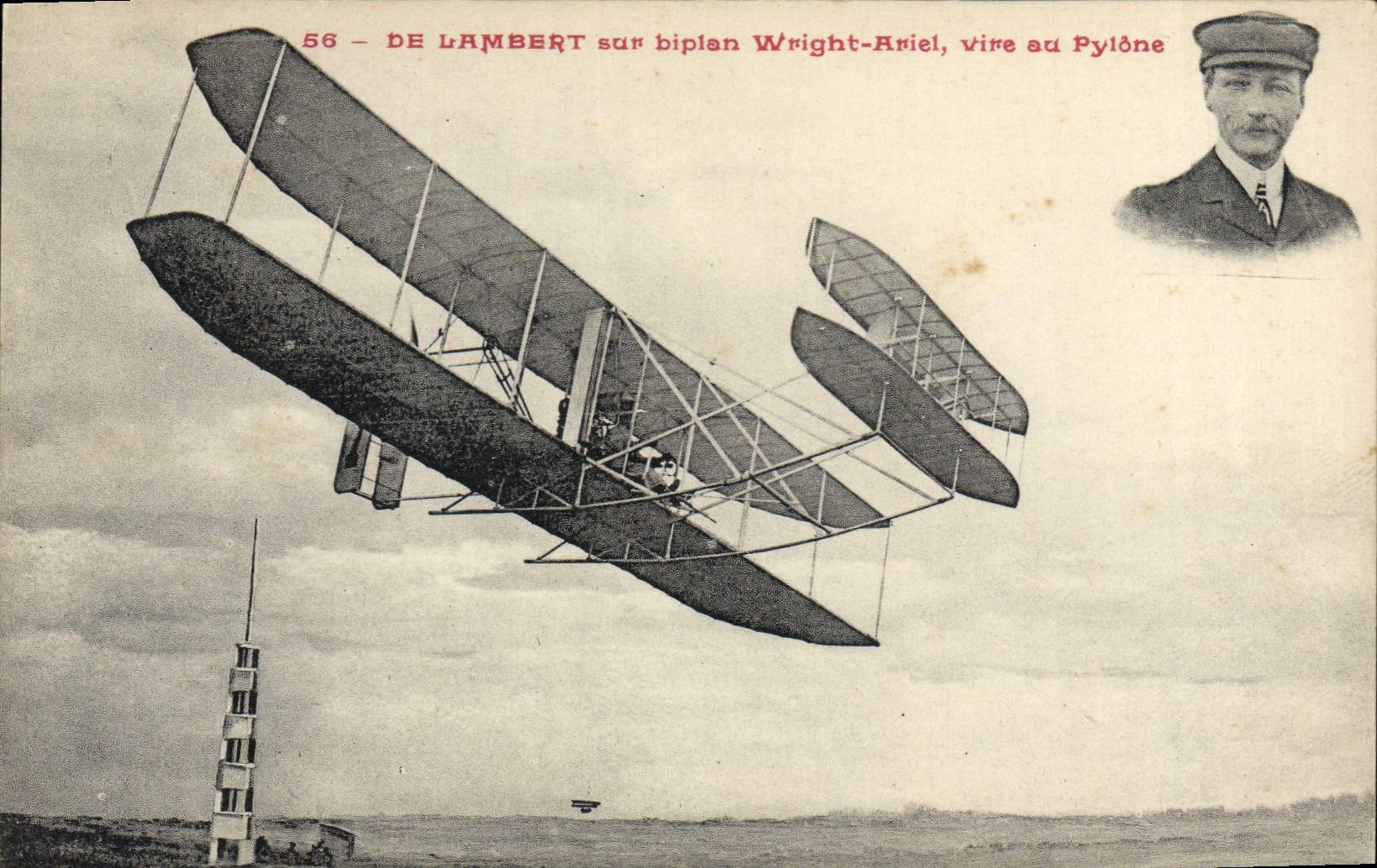 CPA Avion Aviation De Lambert sur biplan Wright Ariel vire au pylone 
