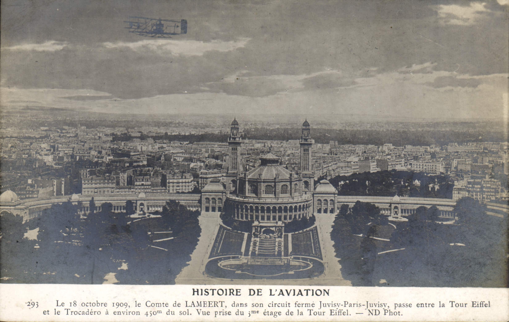 VINTAGE POSTCARD Plane Aviation Count de Lambert Juvisy Paris Eiffel Tower