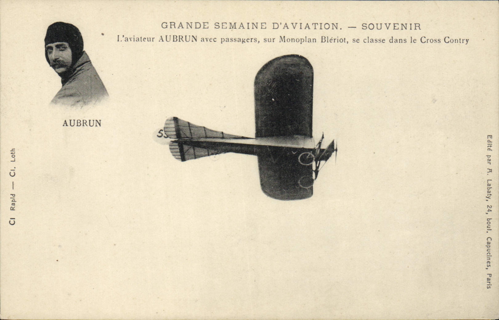 VINTAGE POSTCARD Plane Aviation Great week of aviation the aviator Lebrun Bleriot Monoplane