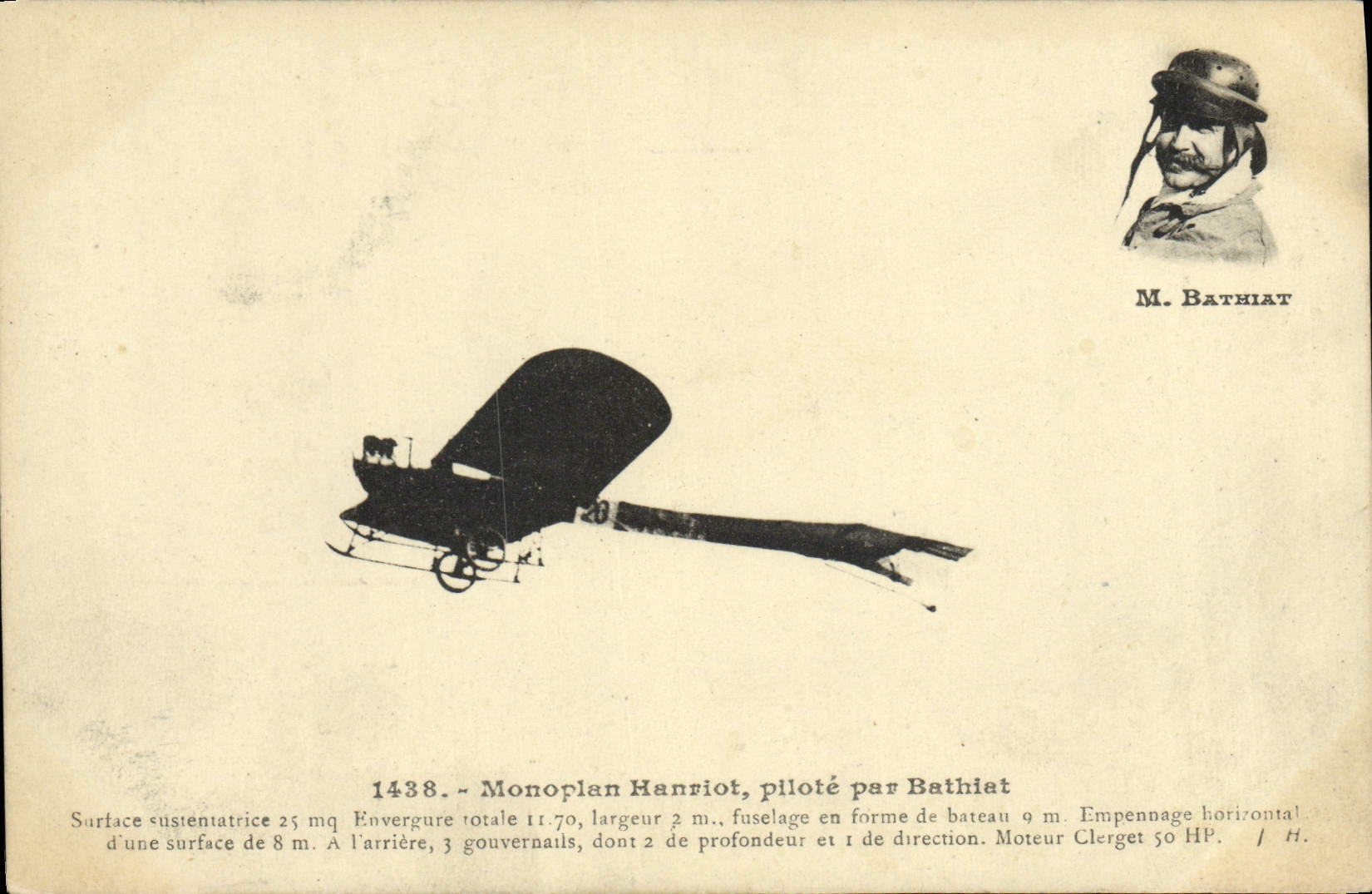 VINTAGE POSTCARD Plane Aviation Henriot Monoplane by Bathiat