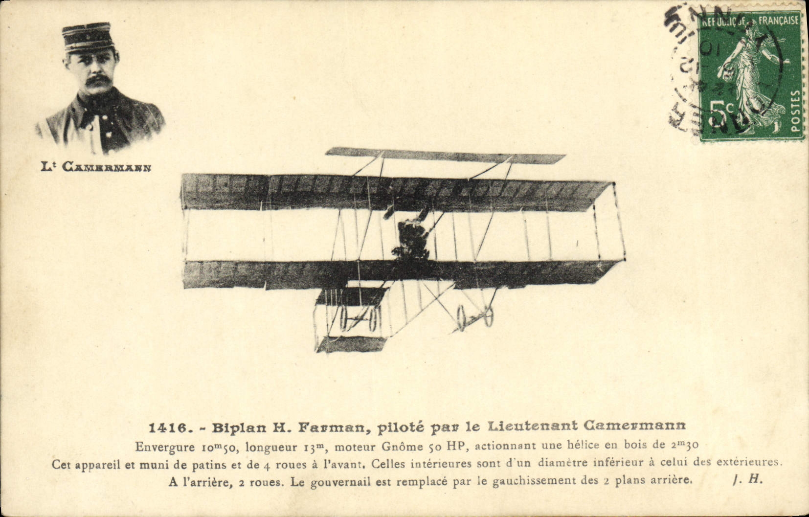 VINTAGE POSTCARD Avion Aviation Farman Biplane controls by lieutenant Camermann