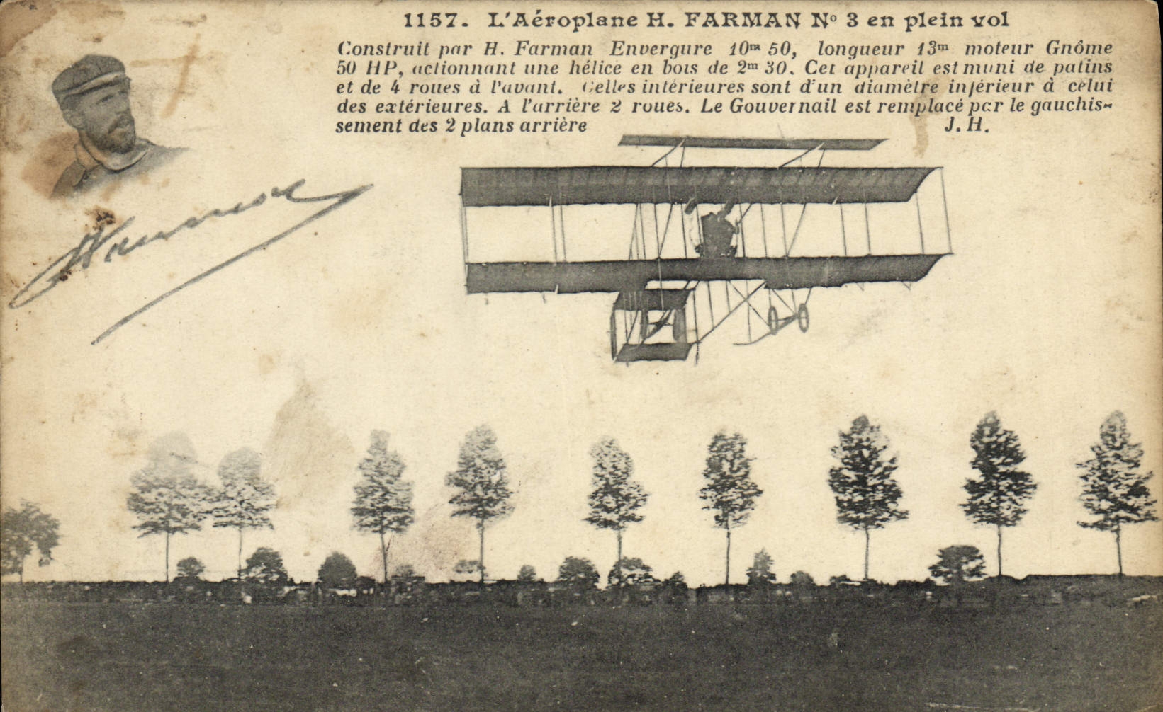VINTAGE POSTCARD Plane Aviation Farman Airplane in full flight