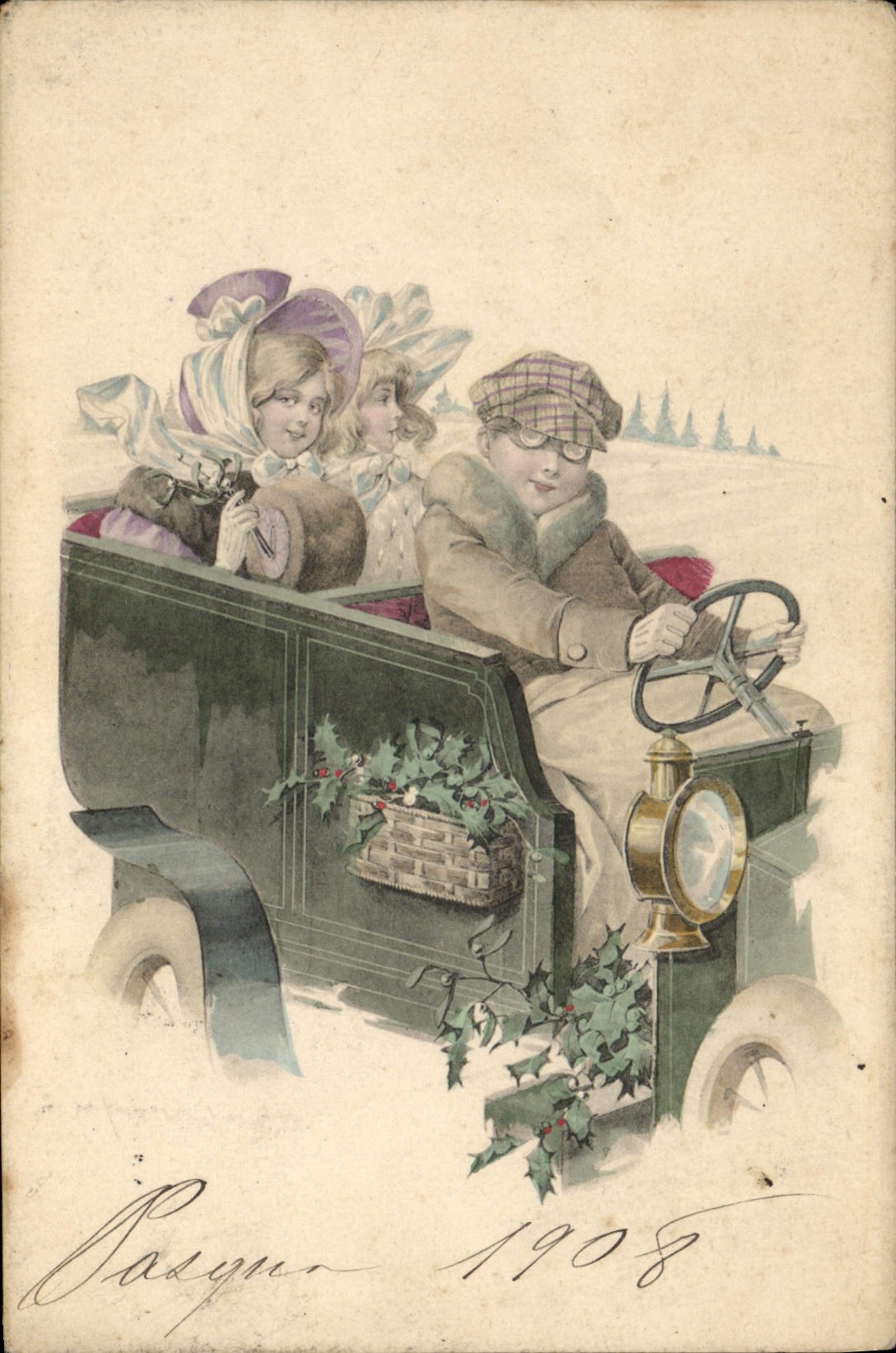 VINTAGE POSTCARD Automobile Woman Children