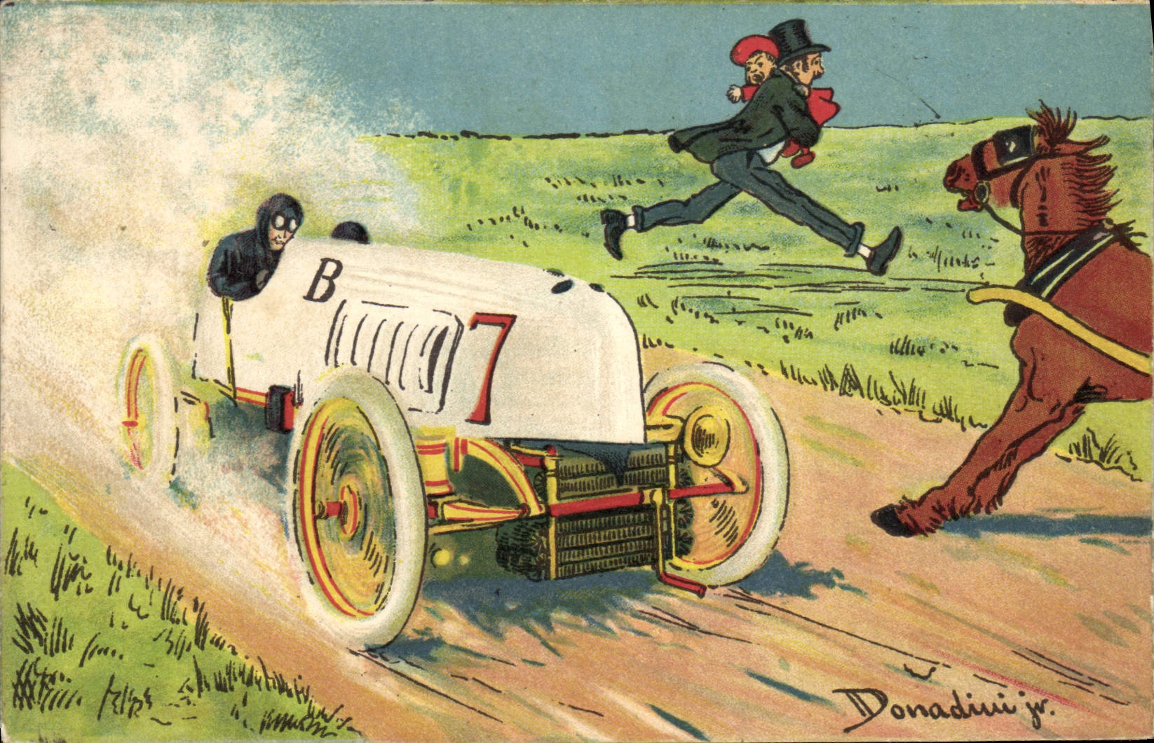 CPA Automobile Cheval Illustrateur Donadini