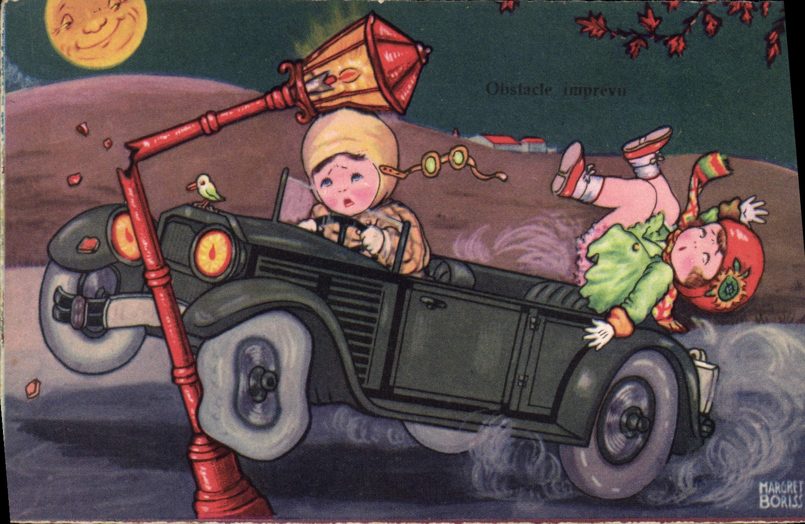 Ilustrador Margret Boris de los niños del automóvil de la POSTAL de la VENDIMIA