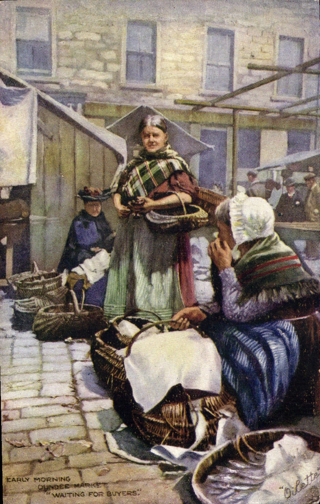 Folklore de los compradores del mercado de Dundee de la madrugada del ilustrador de la POSTAL de la VENDIMIA que espera para