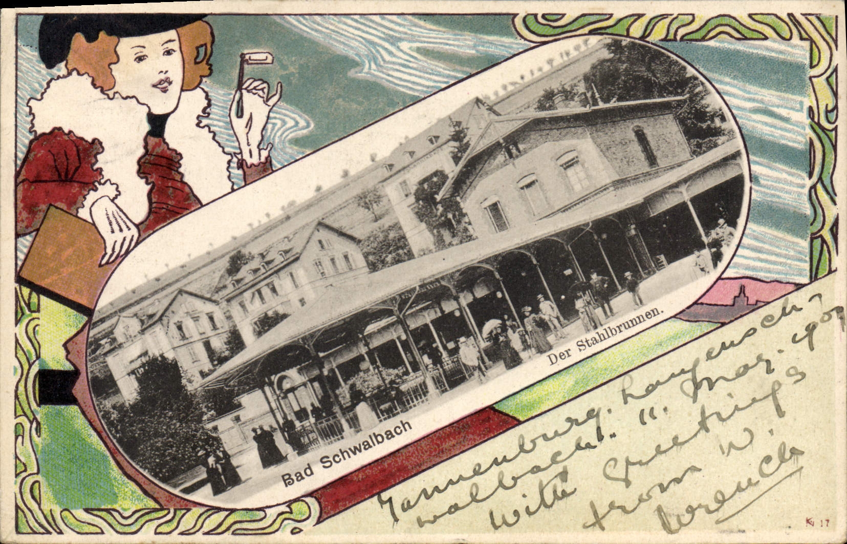 VINTAGE POSTCARD Illustrator Bad Schwalbach Der Stahkbrunnen