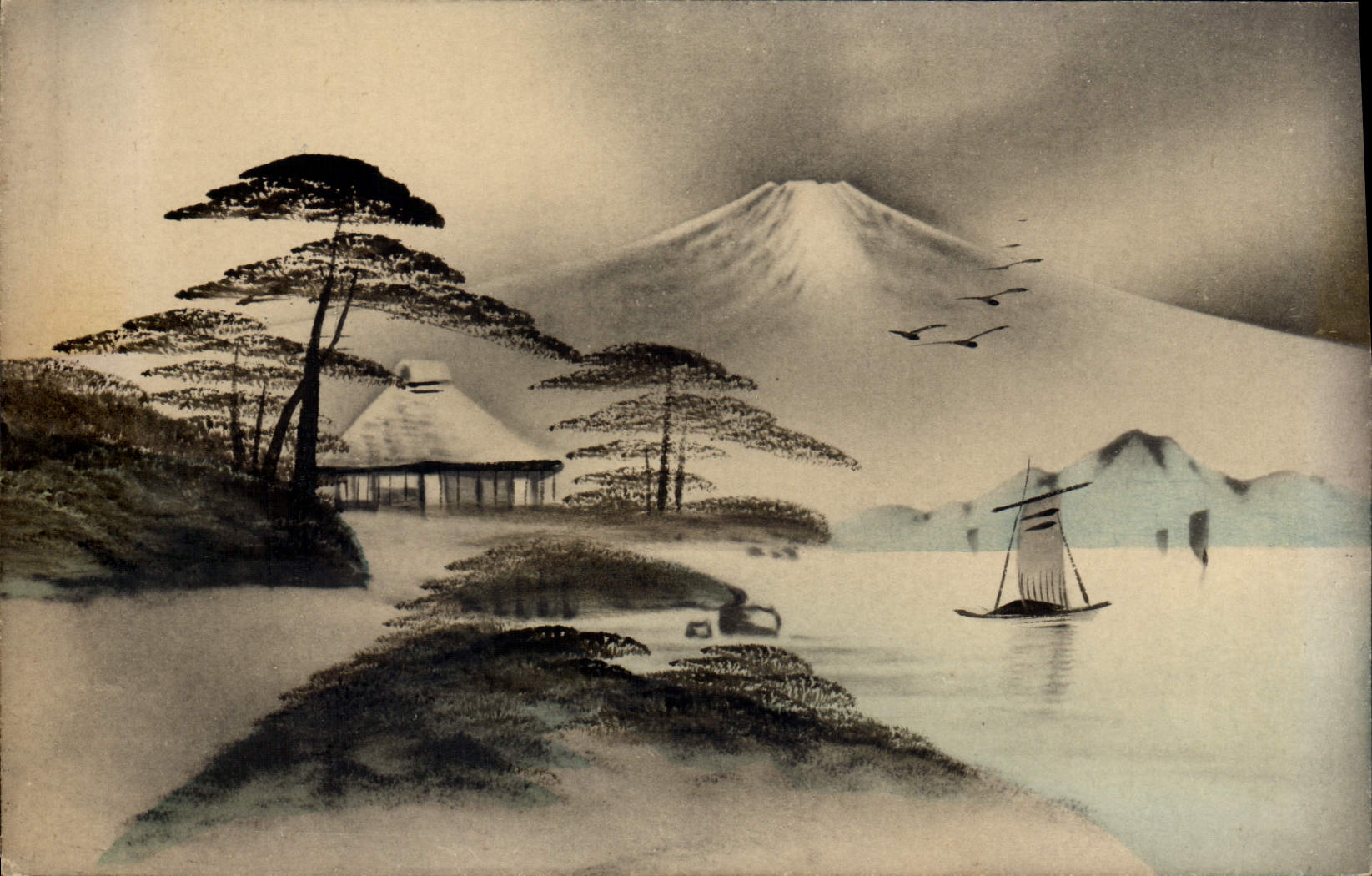 VINTAGE POSTCARD Japanese Japan Tree Volcano