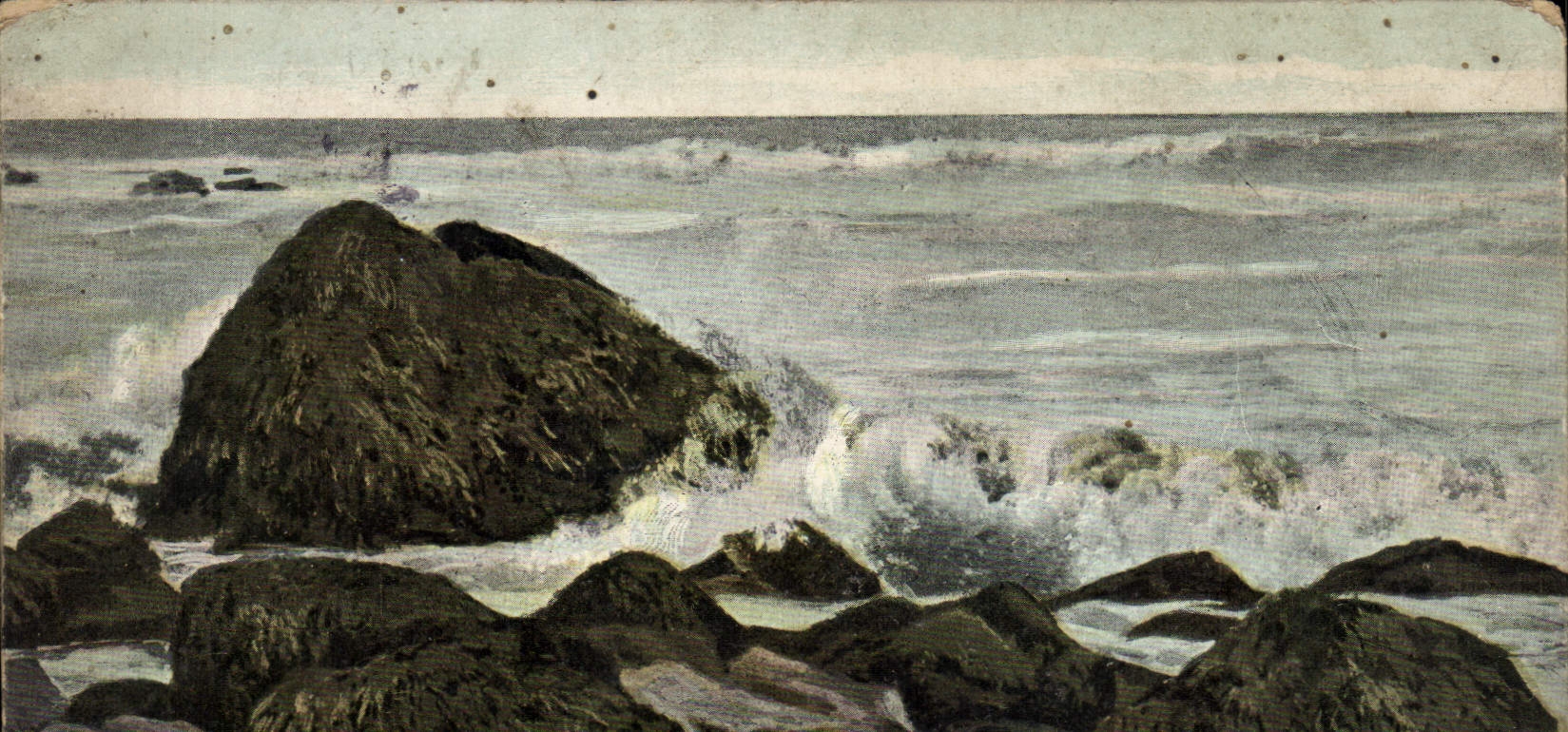 VINTAGE POSTCARD Vague breaking on the rocks