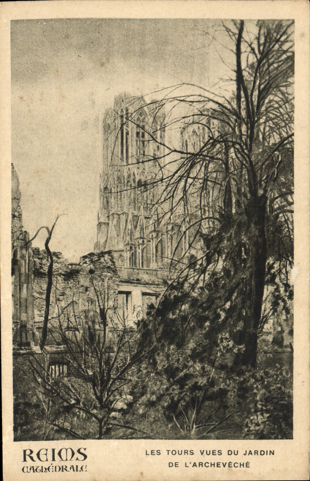 La catedral de Reims de la POSTAL de la VENDIMIA viaja el jardín visto del palacio del arzobispo