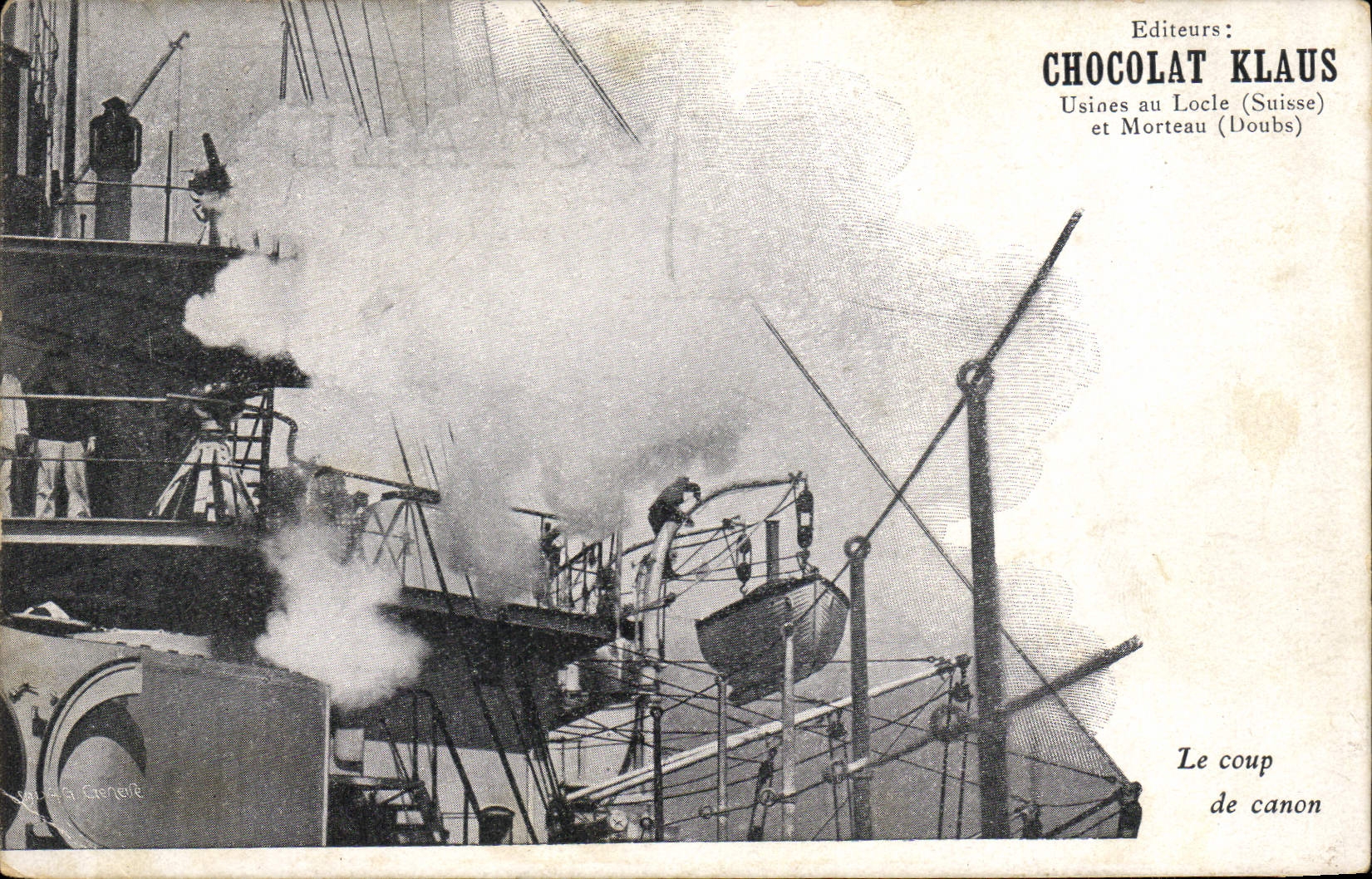 VINTAGE POSTCARD Warship the blow of gun Chocolate Swiss Klaus Locle Morteau