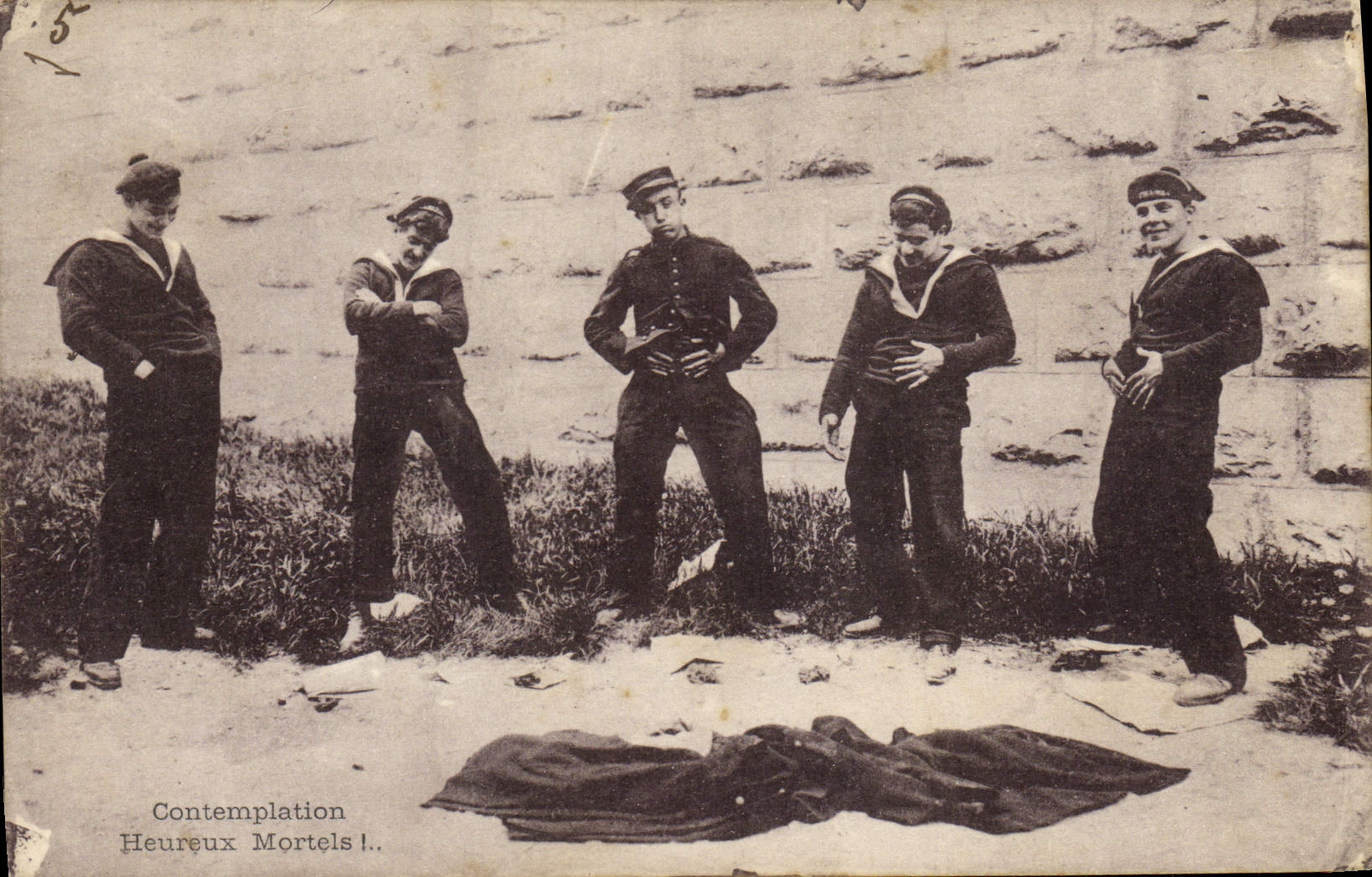 VINTAGE POSTCARD Warship Sailors Contemplation lucky fellows