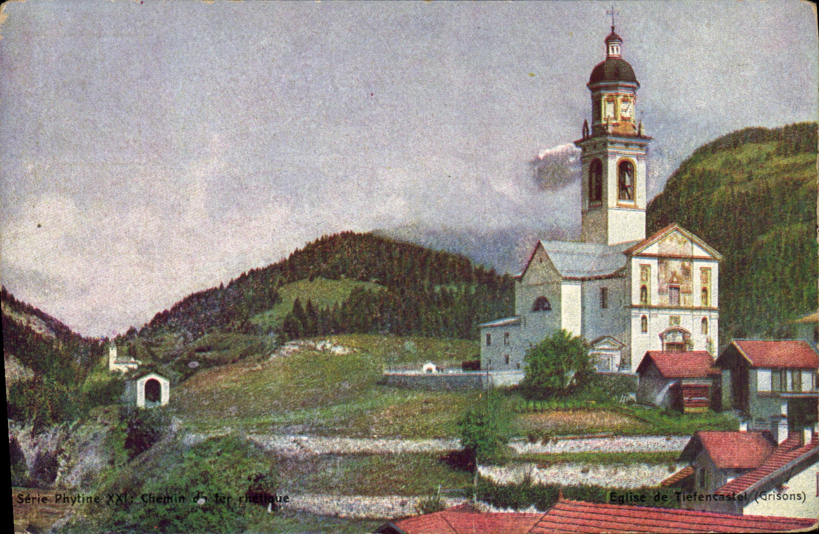VINTAGE POSTCARD Train Railroad rhetic Church of Tiefencastel Grisons