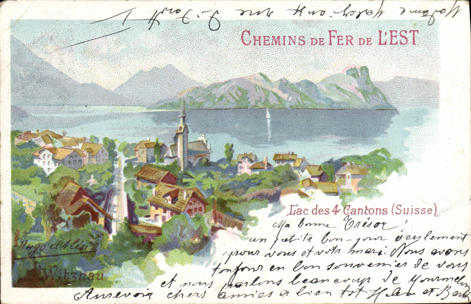 VINTAGE POSTCARD Train Railroads of the East Lake of the 4 cantons Switzerland Witznau