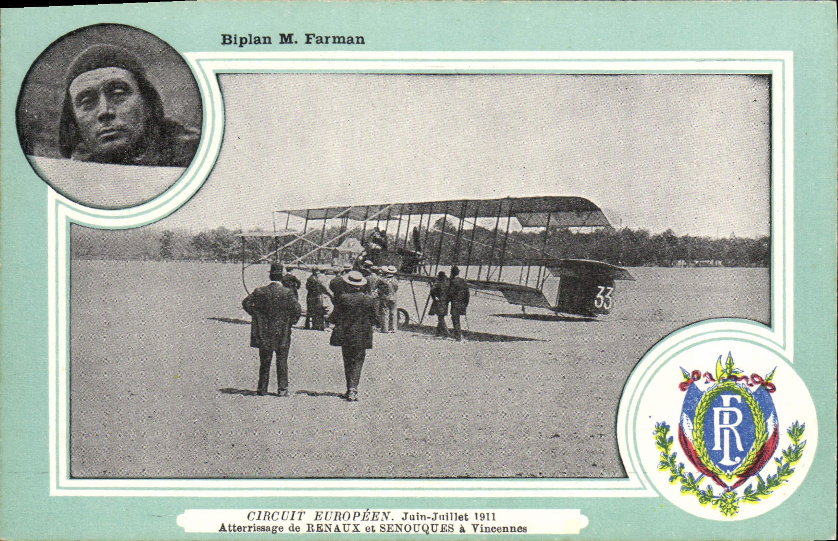 CPA Avion Aviation Biplan Farman Circuit europeen Juin Juillet 1911 Atterrissage de Renaux et Senouques a Vincennes