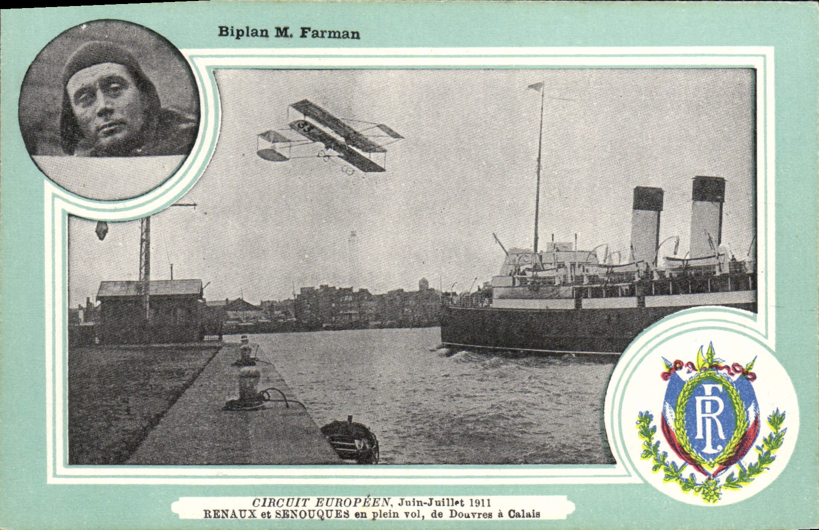 CPA Avion Aviation Biplan Farman Circuit europeen Juin Juillet 1911 Renaux et Senouques en plein vol de Douvres a Calais