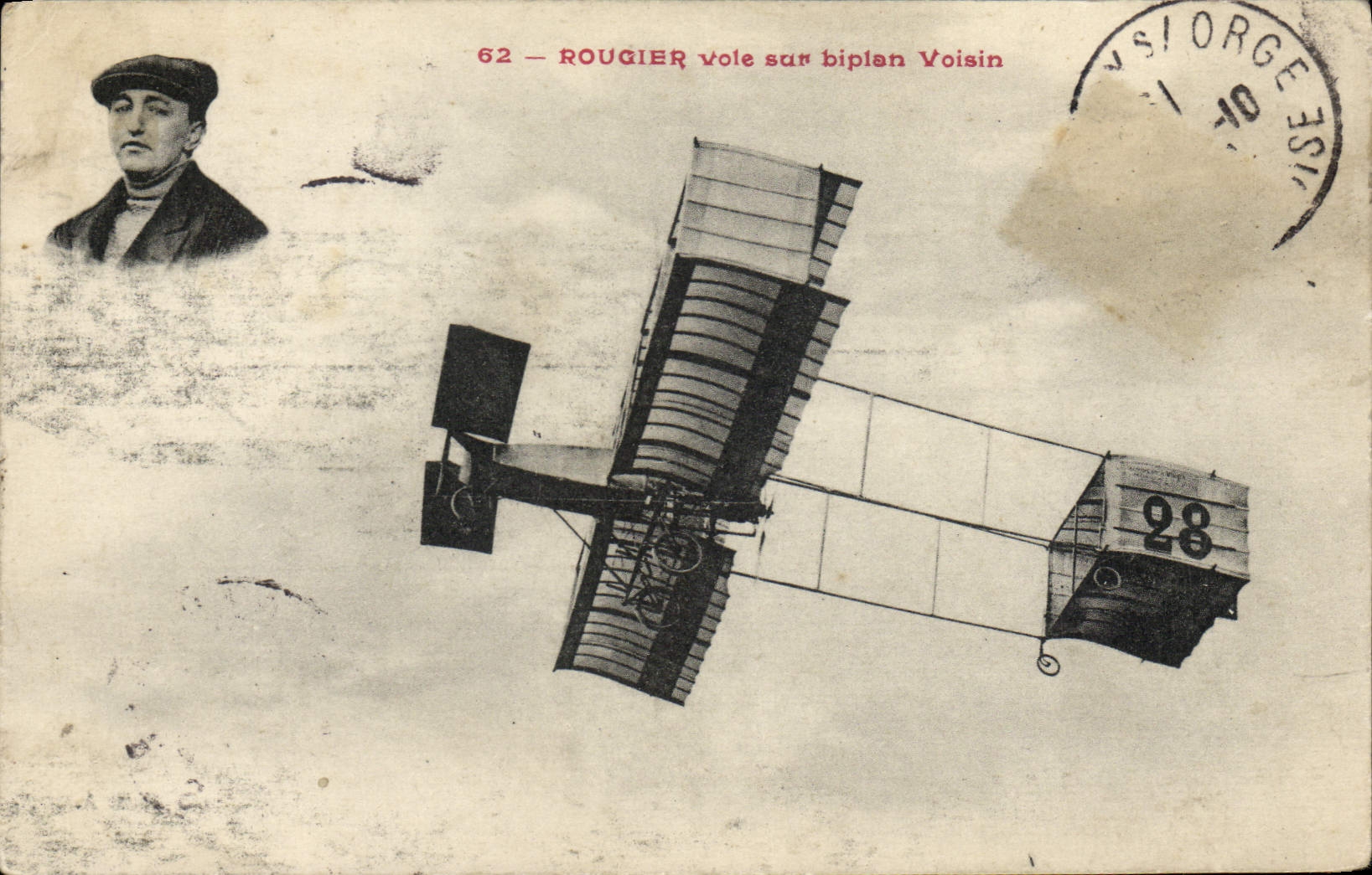 CPA Avion Aviation Rougier vole sur biplan Voisin