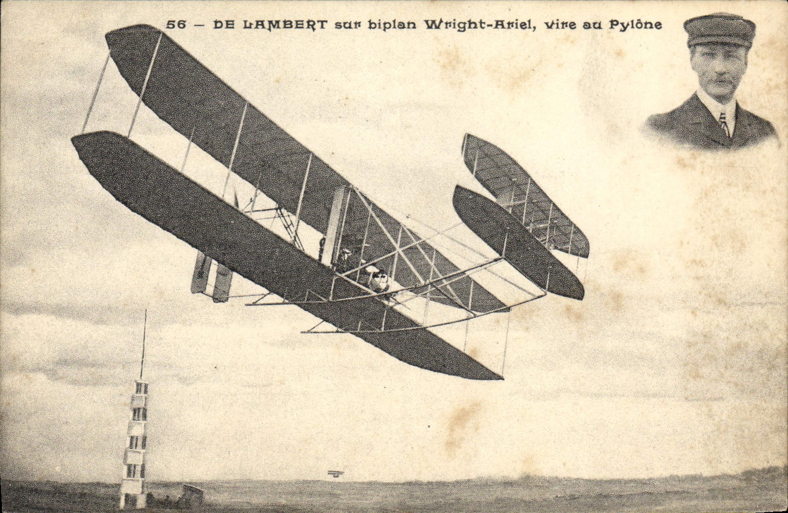 CPA Avion Aviation De Lambert sur biplan Wright Ariel vire au pylone