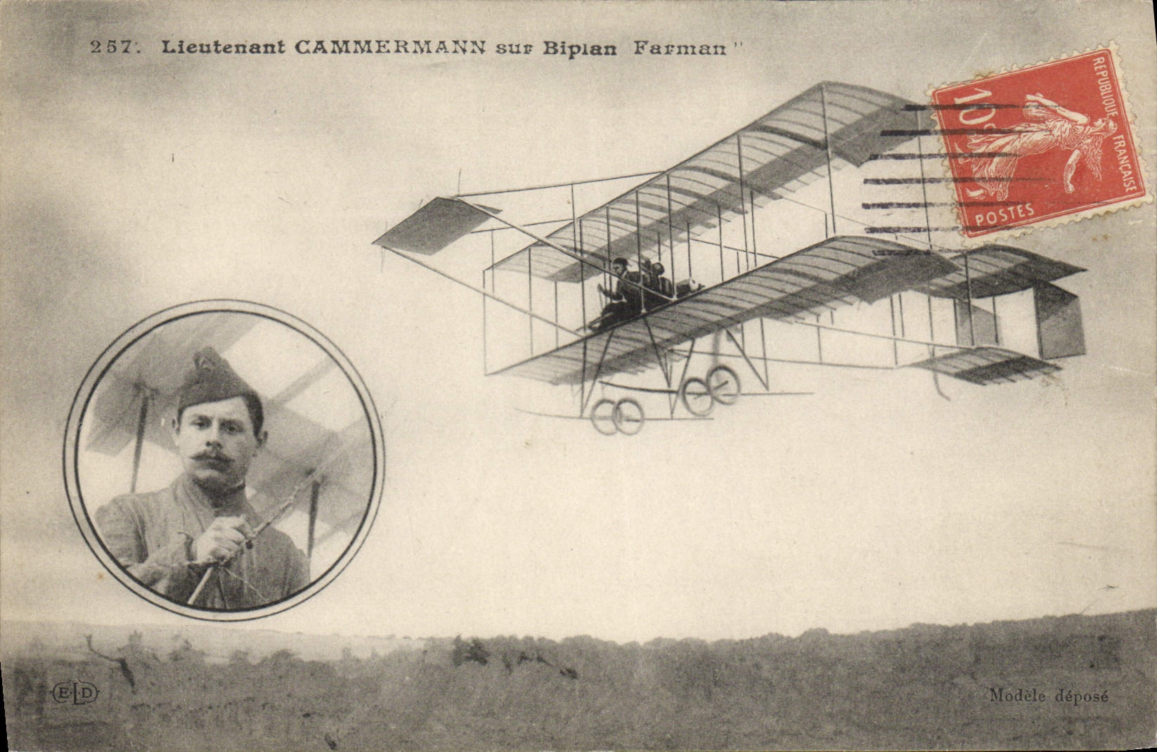 CPA Avion Aviation Lieutenant Cammermann sur biplan Farman