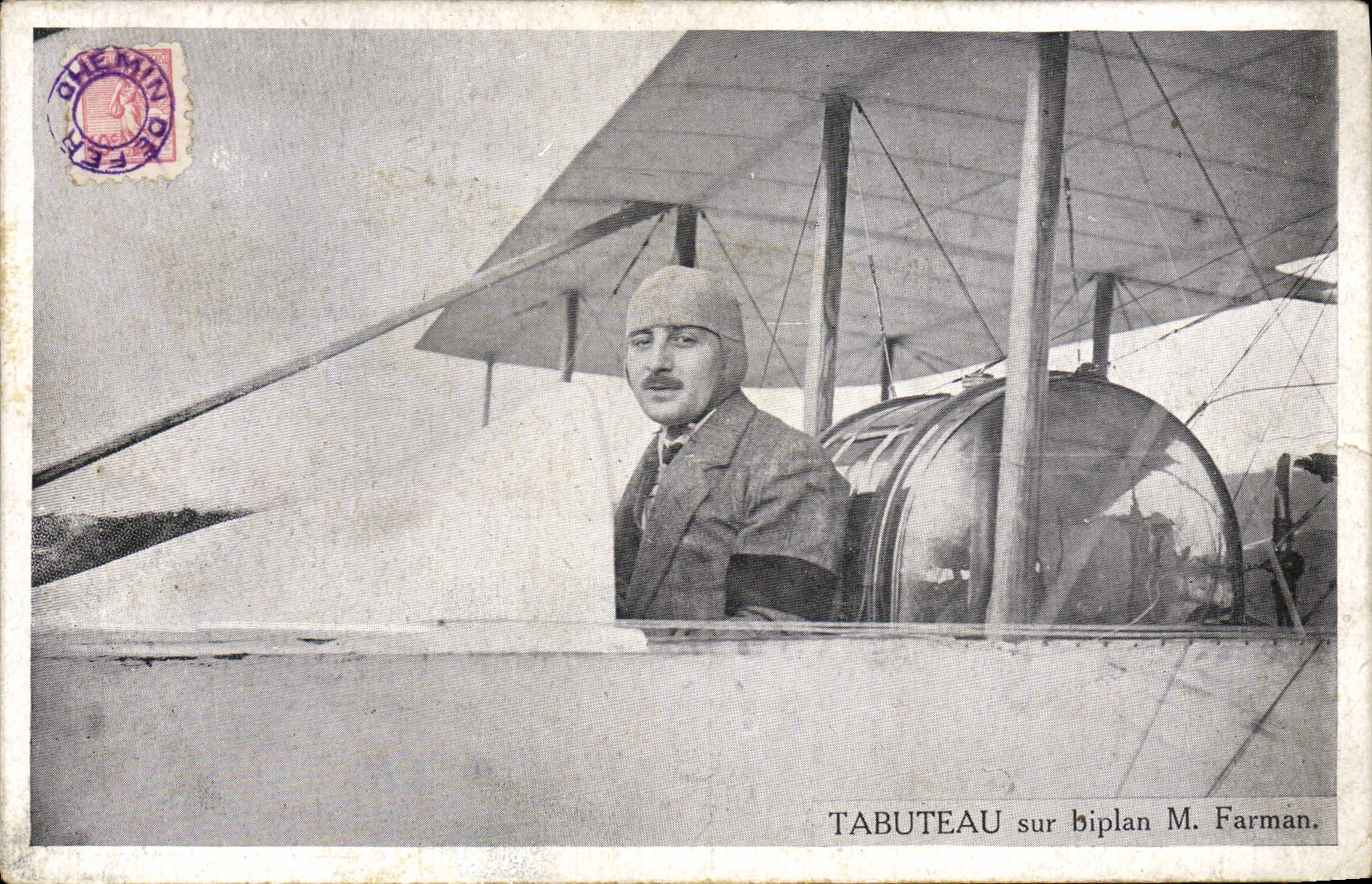 CPA Avion Aviation Tabuteau sur biplan Farman
