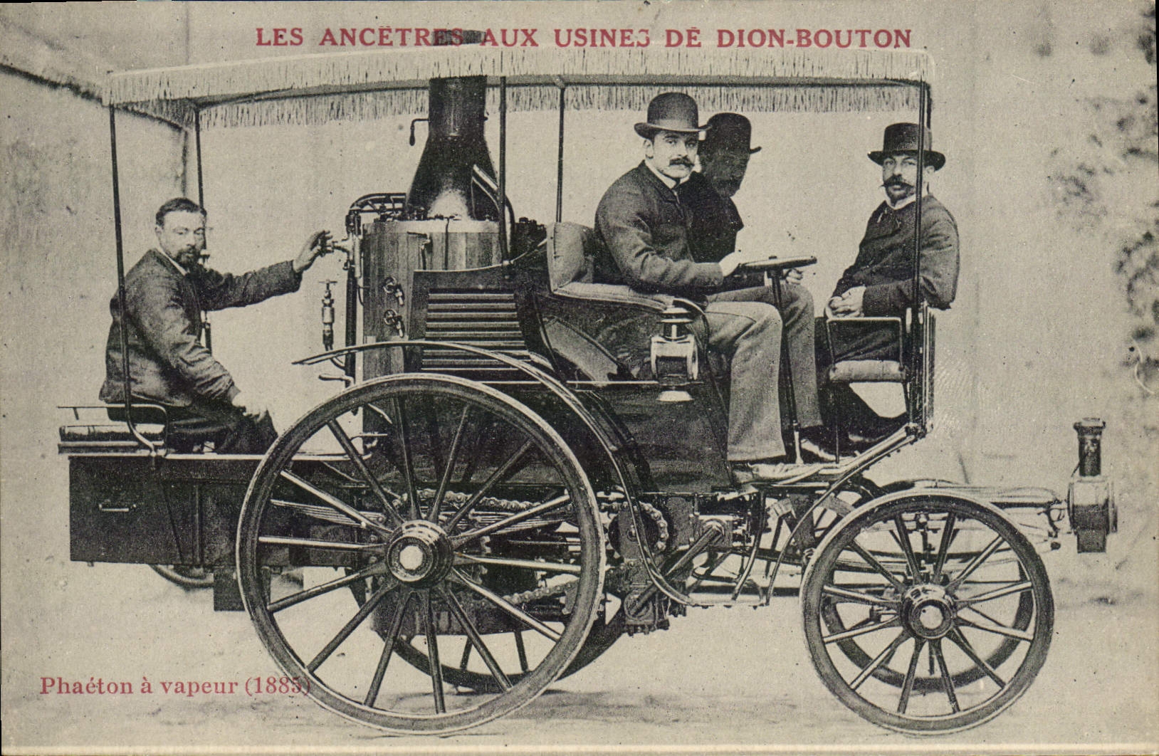 El automóvil Puteaux Ancetres de la POSTAL de la VENDIMIA con las fábricas de faetón de Dion Bouton tiene vapor 1885
